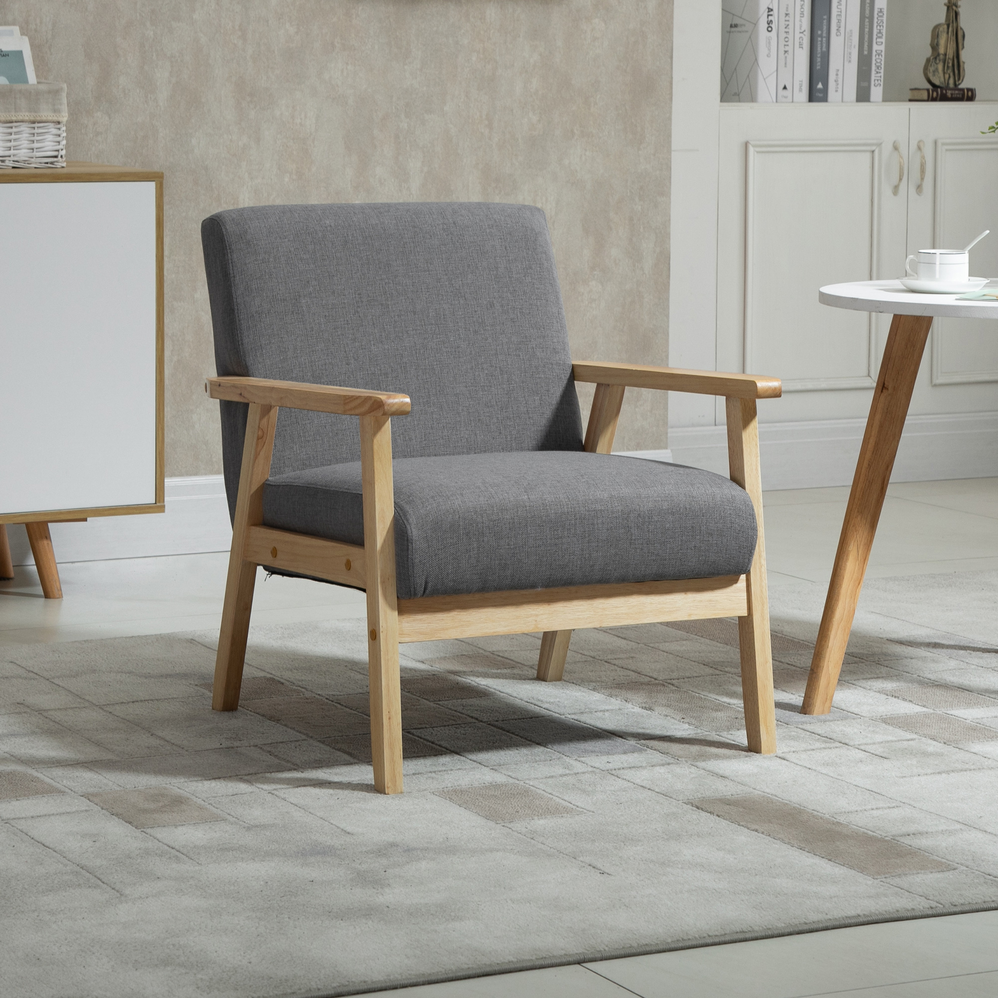 Sessel im Skandi-Design, Akzentsessel, Massivholz, Leinenoptik, 64 cm x 70 cm x 72 cm, Grau + Natur