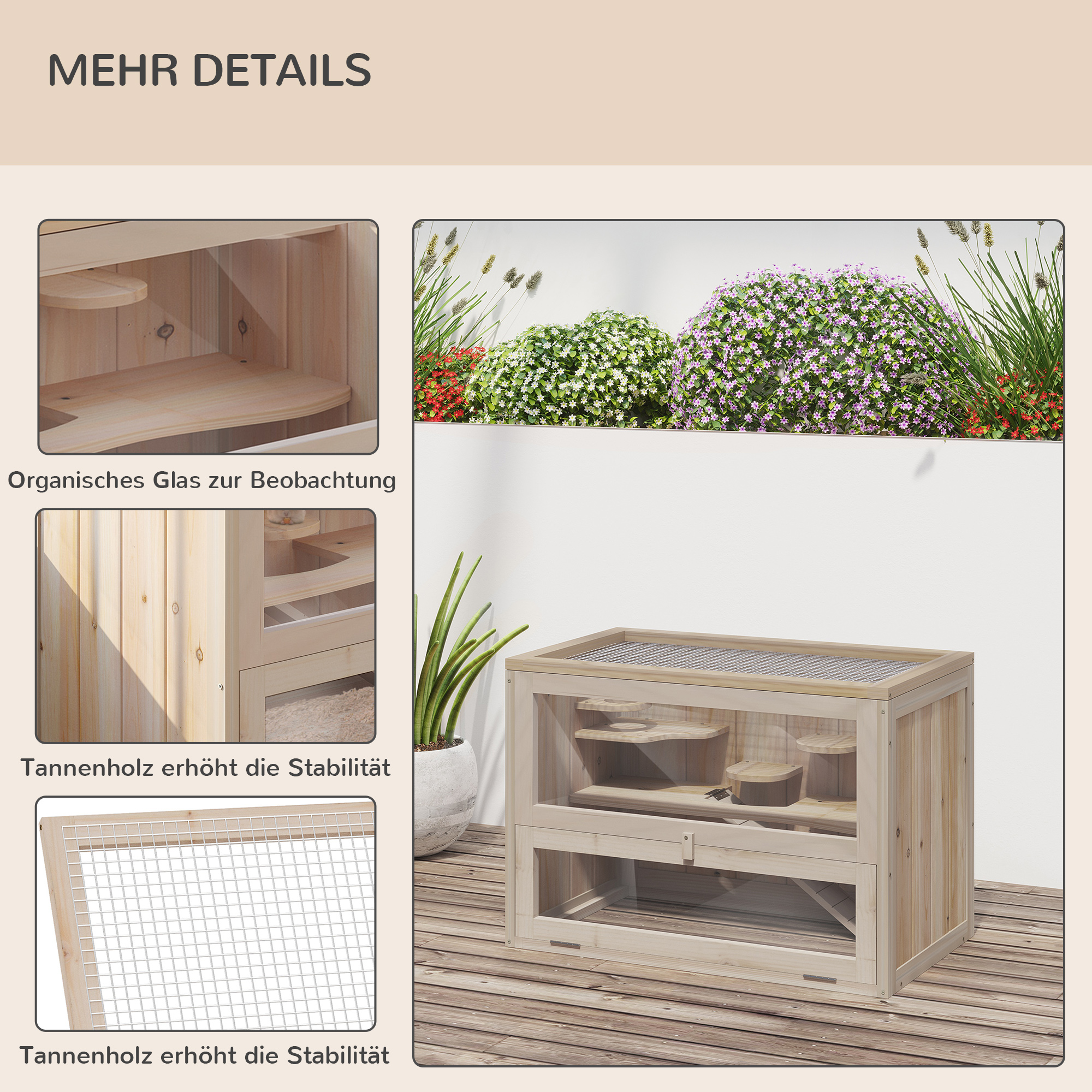 Hamsterkäfig aus Holz 2 Etagen 60 x 35 x 42 cm Nagerkäfig Kleintierkäfig mit aufklappbarem Gitterdach Trinkflasche Rampe Wippe Fütterungsstation Mäusekäfig für Zwerghamster Naturholz