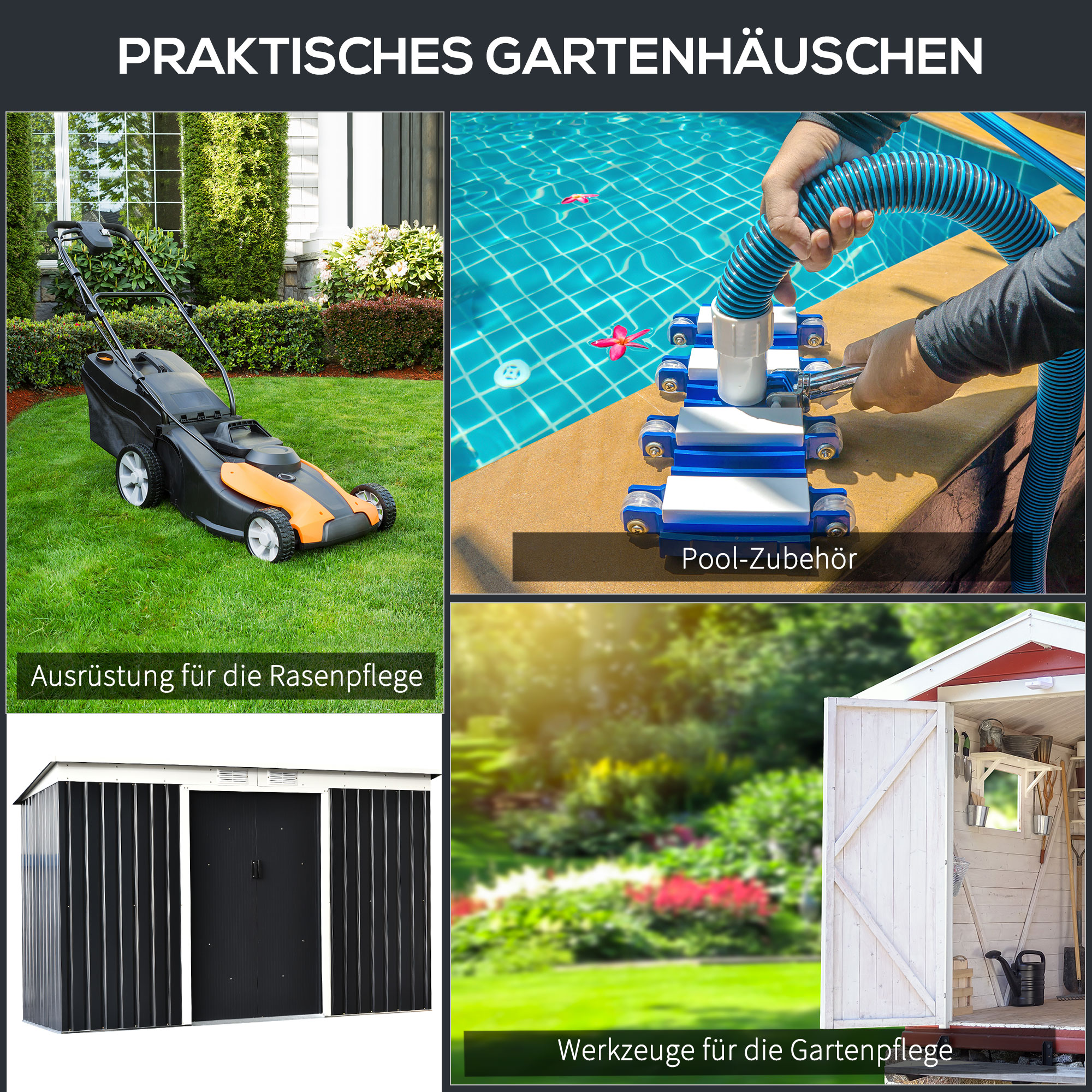 Gerätehaus, Gartenhaus, Geräteschuppen mit Schiebetür, Lüftungsfenster, Pultdach, Outdoor, Stahl, Dunkelgrau, 280 x 130 x 172 cm