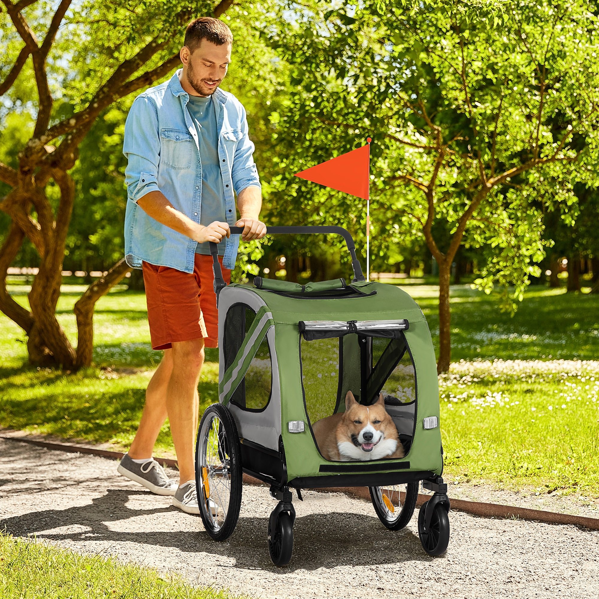 2-in-1 Hundebuggy, Hundefahrradanhänger, klappbar, wetterfest, für Hunde bis 20 kg, Grün
