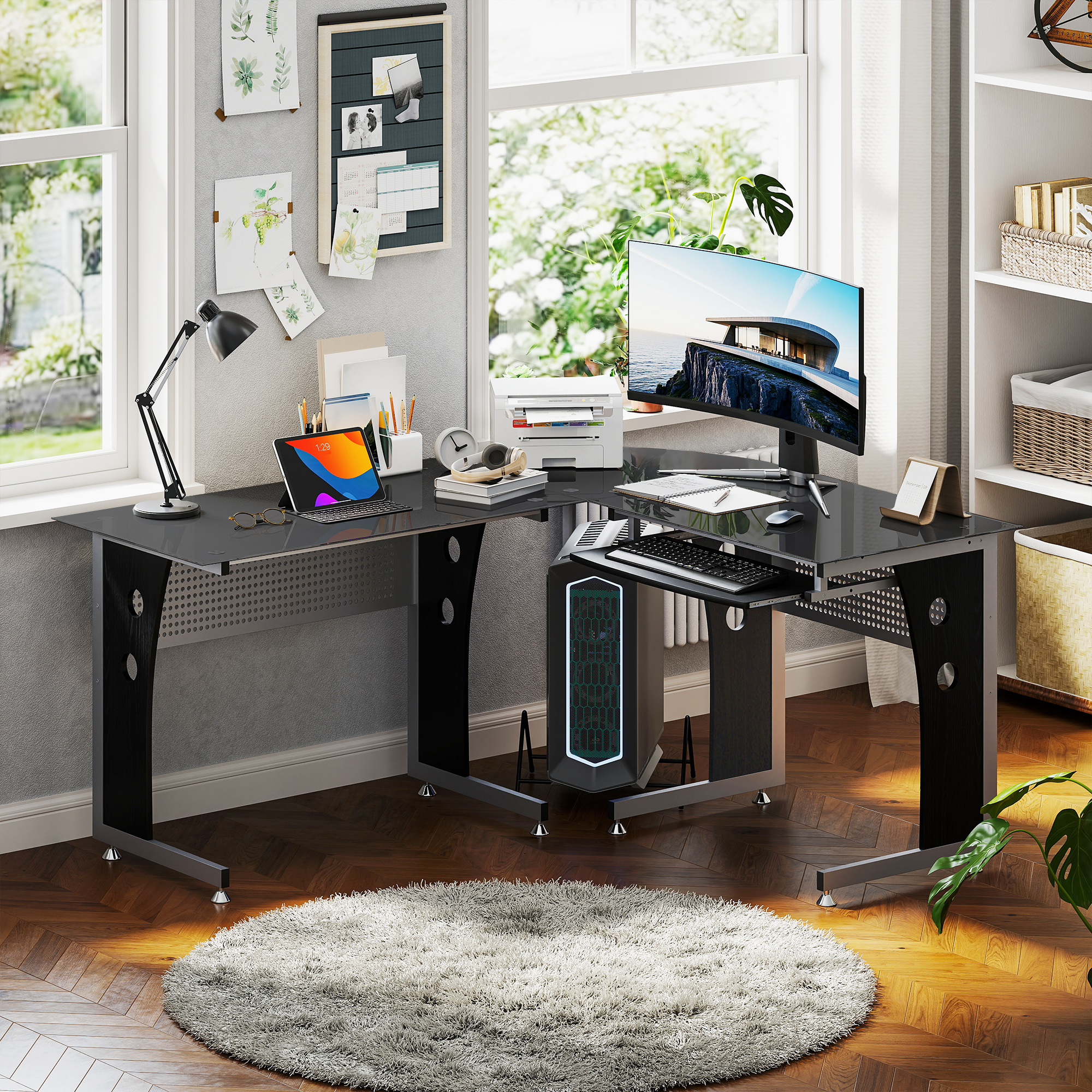 Computertisch Eckschreibtisch Schreibtisch Bürotisch PC Tisch mit schwarzem Sicherheitsglas L-förmig 164x139x75 cm