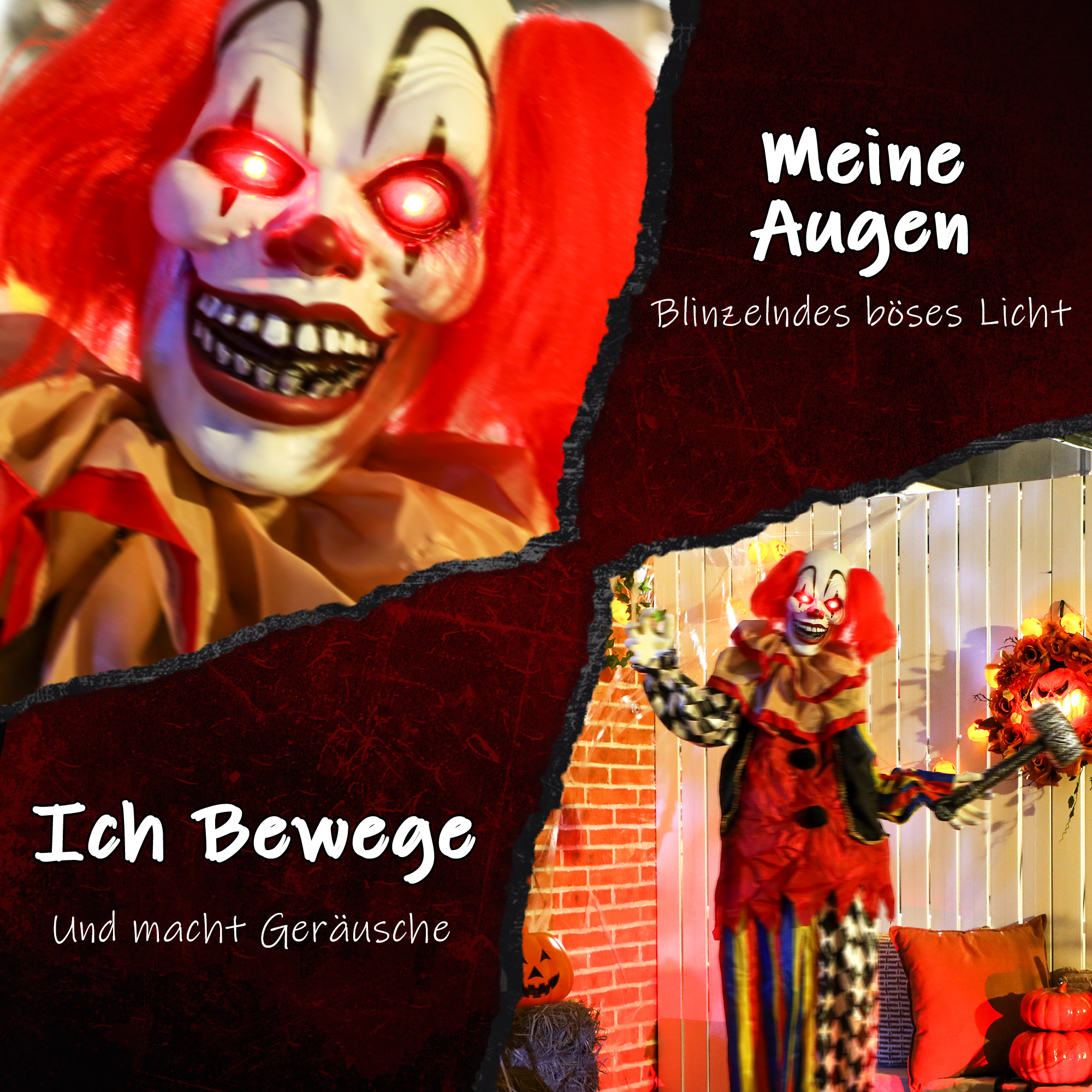 Grusel-Clown, Halloween-Animatronik, 173 cm, leuchtende Augen, Geräusch-Aktivierung, bewegliche Arme und Kopf, Batteriebetrieb, Kunststoff, Metall, Rot