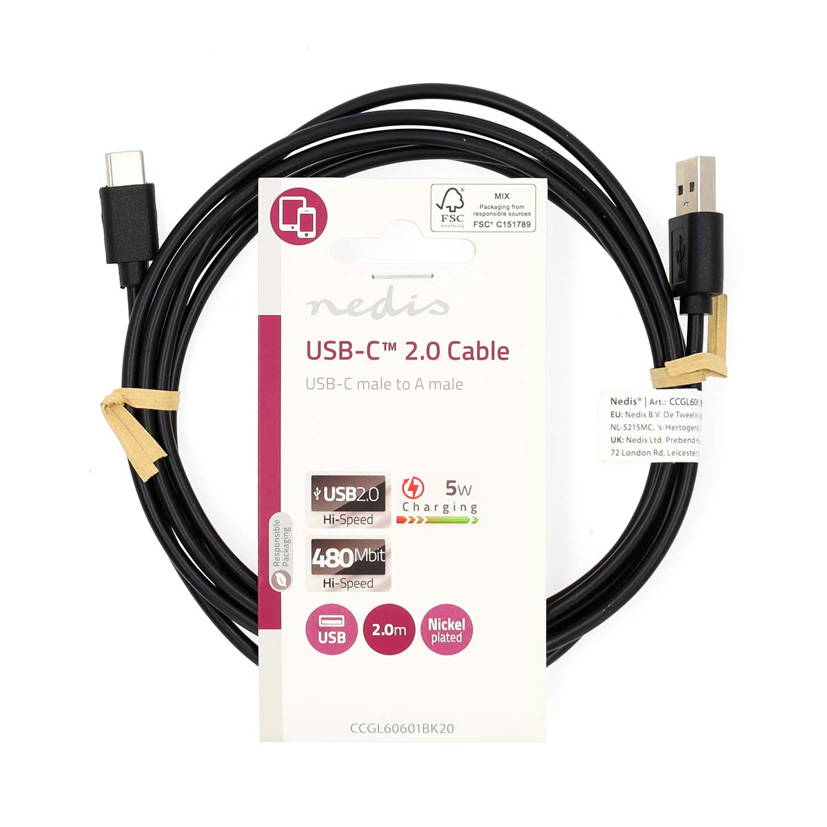 USB 2.0 Kabel, A-Stecker > USB-C-Stecker, 2m, schwarz