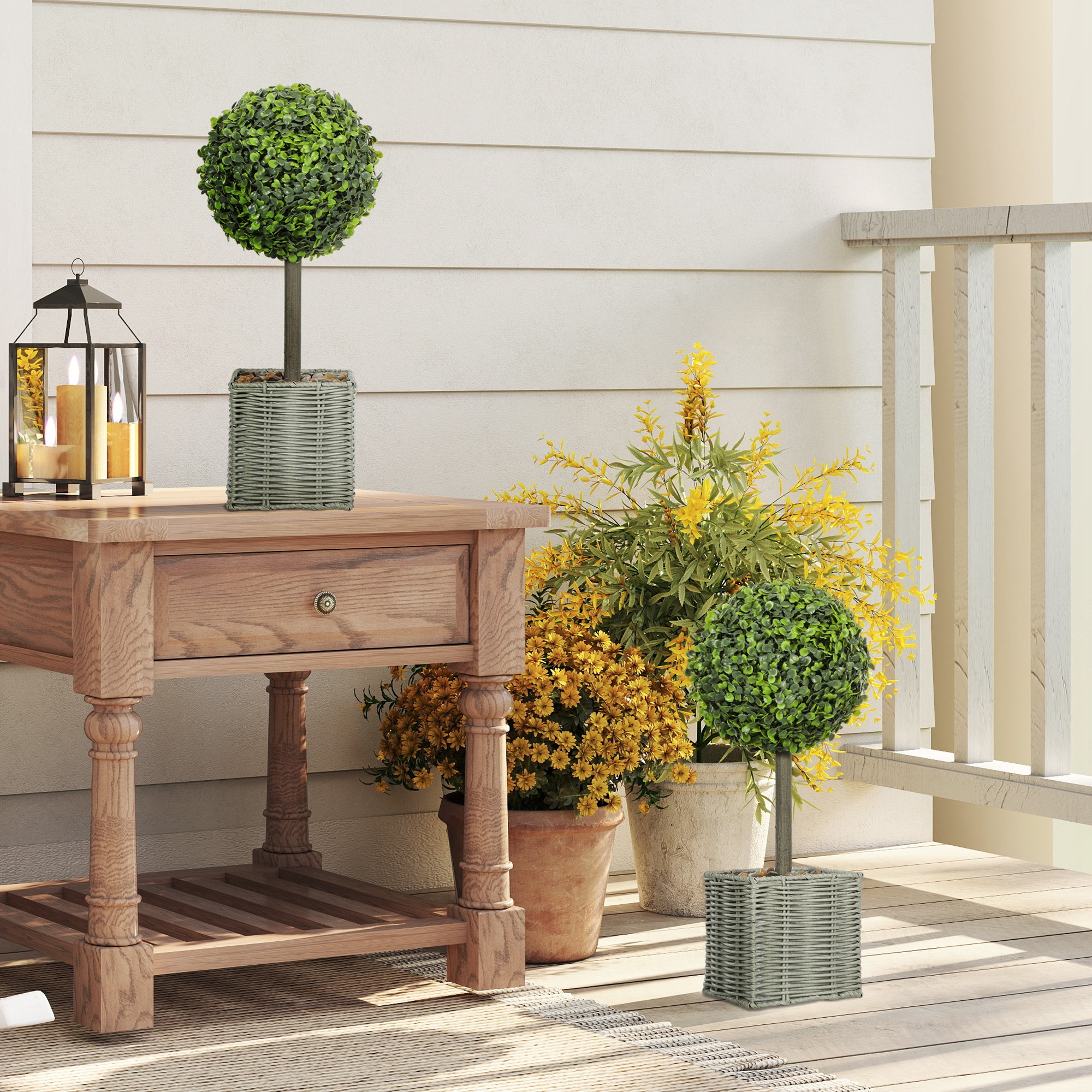 2er-Set künstliche Pflanzen, UV-beständige Kunstbäume im Topf, für drinnen und draußen geeignet, Kunststoff, Zement, Grün