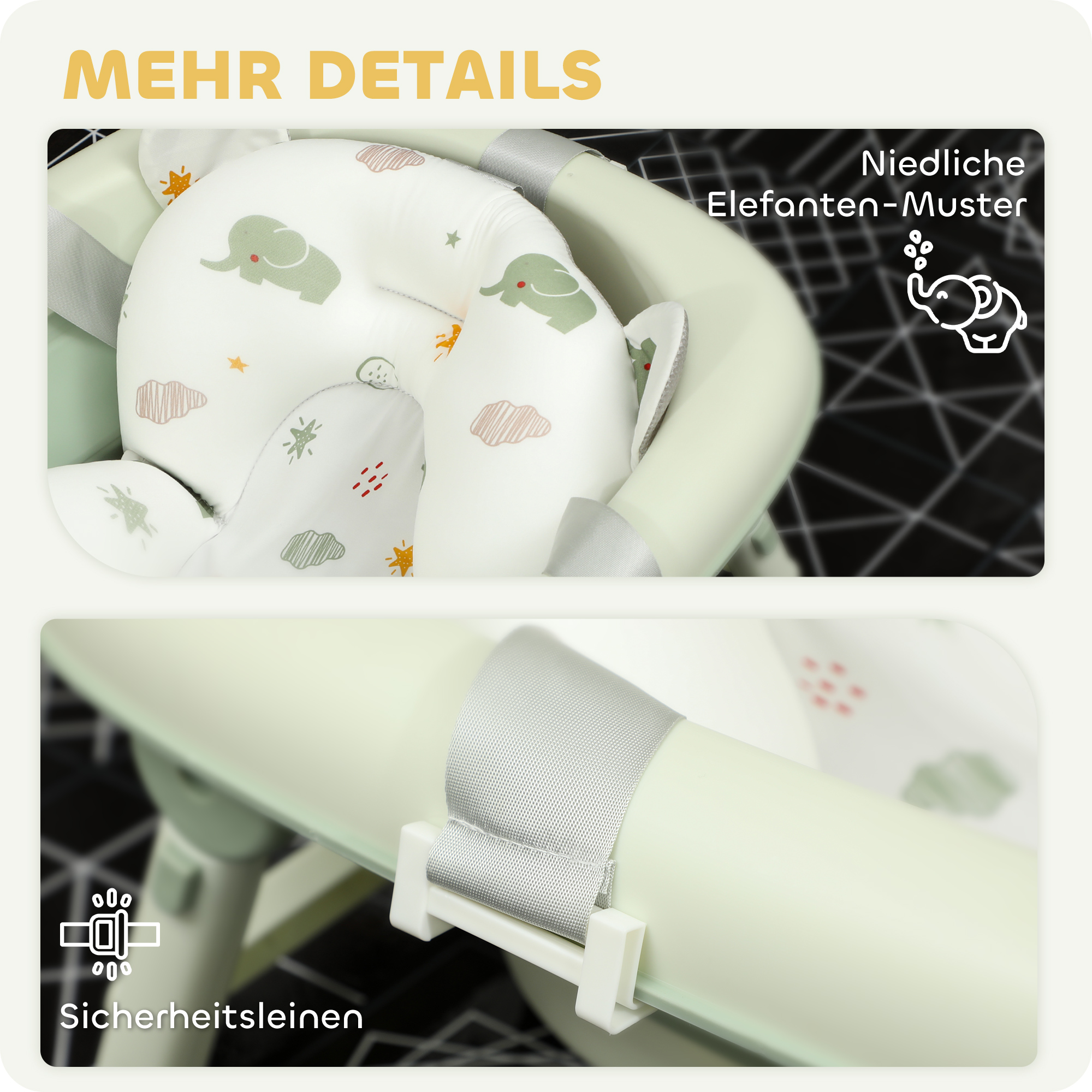 Babybadewanne, faltbar, rutschfester Boden, Elefanten-Badekissen, 86 x 53 x 25,5 cm, Grün