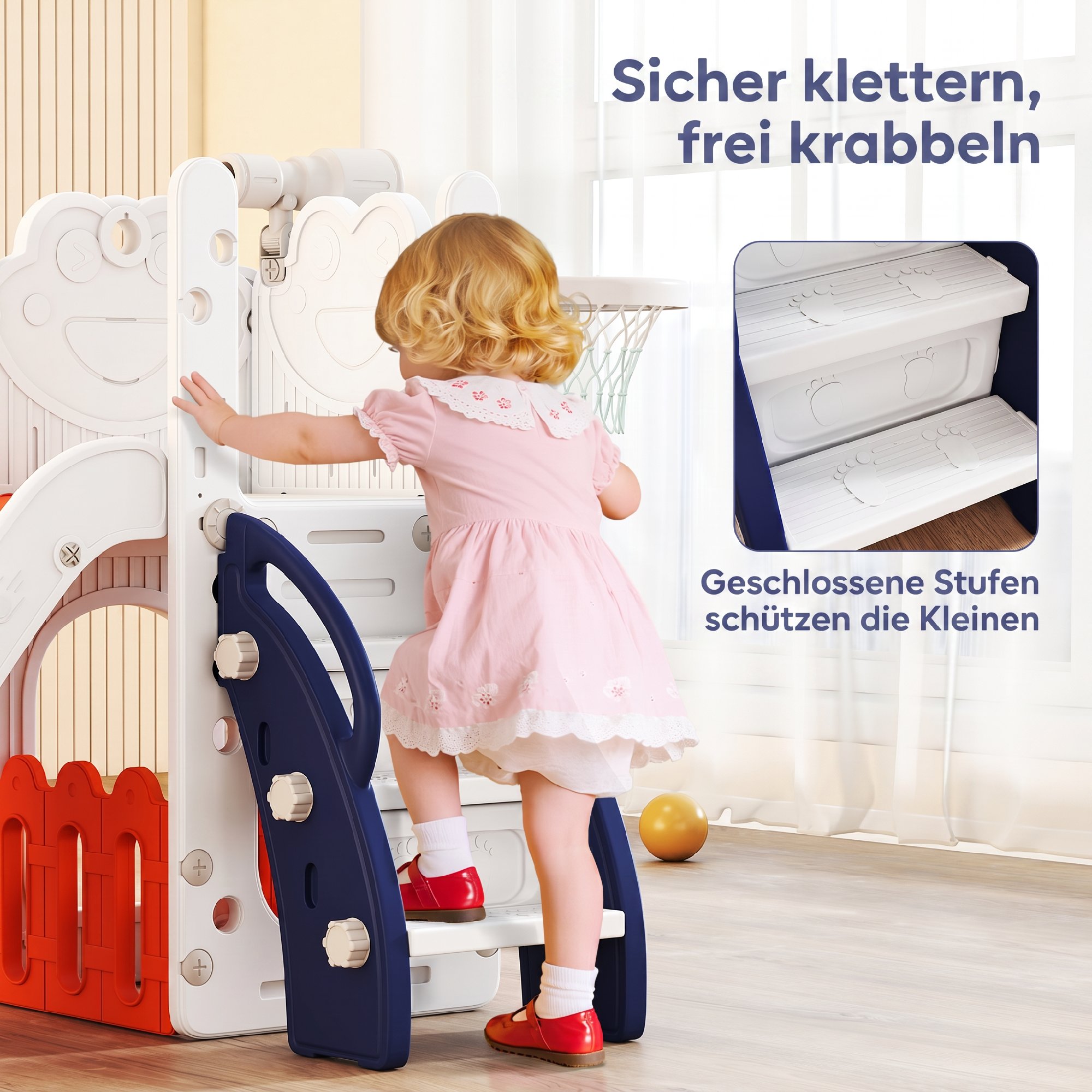 5-in-1 Kinderrutschenset, Teleskop, Basketballkorb, Kunststoff, Orange+Dunkelblau