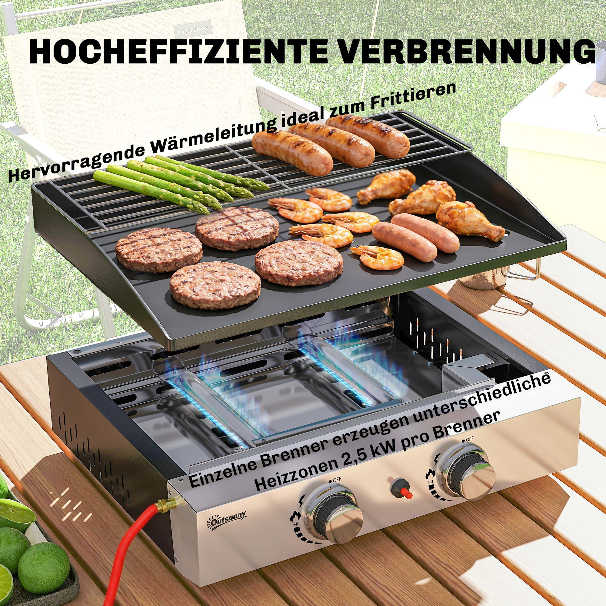 Gasgrill 5kW Tragbarer Tischgrill mit 2 Brenner Keramische Lackbeschichtung Grillrost Warmhalterost