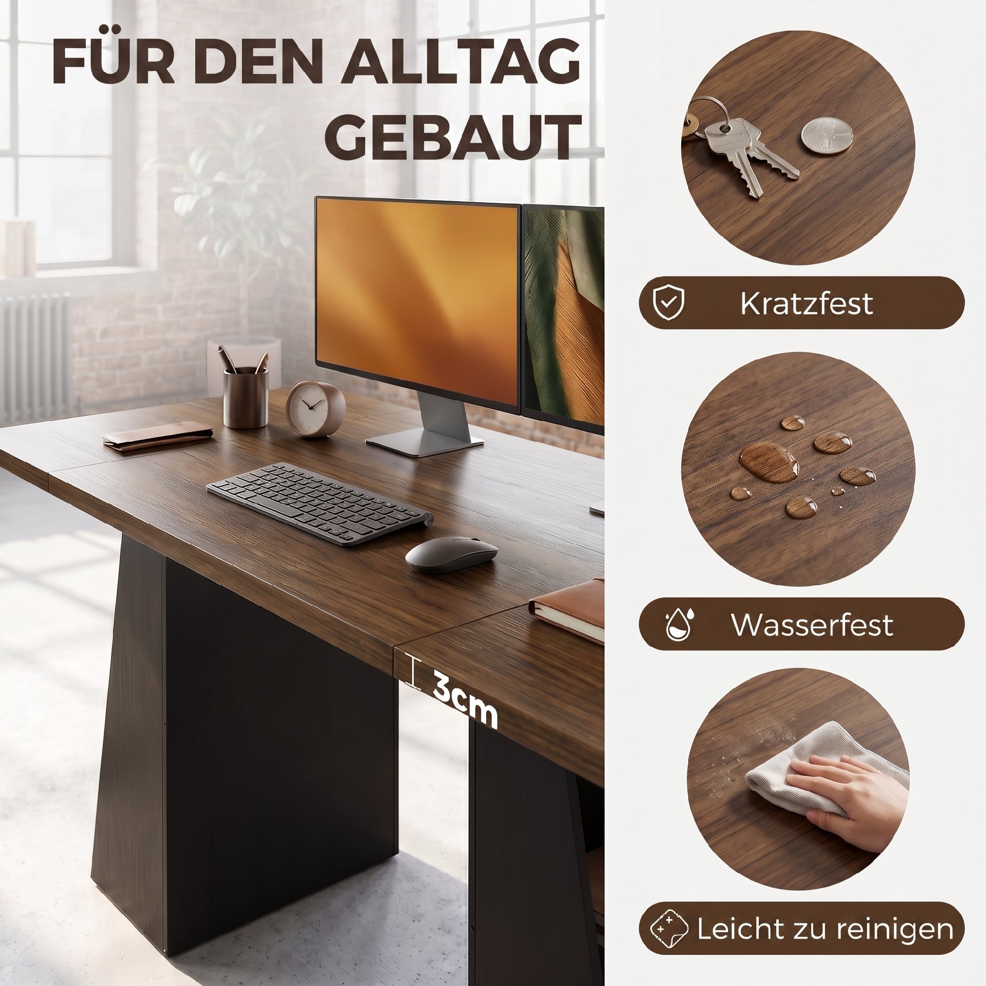 Schreibtisch mit 4 offenen Ablagen, Industrial Design, 140 cm, Braun-Schwarz
