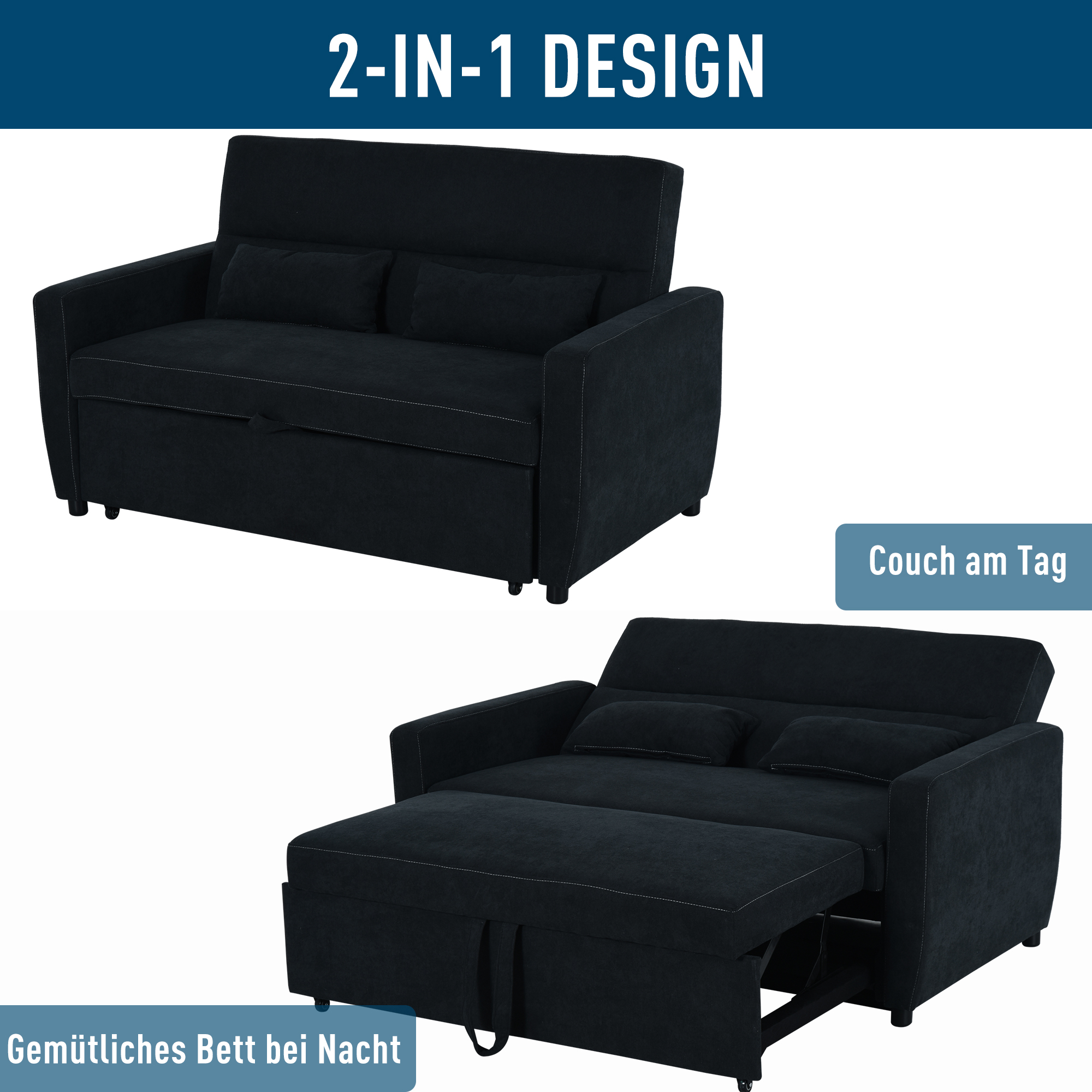 2-Sitzer Sofa mit Bettfunktion, Verstellbarer Rückenlehne, Polstersofa, Samtoptik, für Wohnzimmer, Schlafzimmer, Schwarz