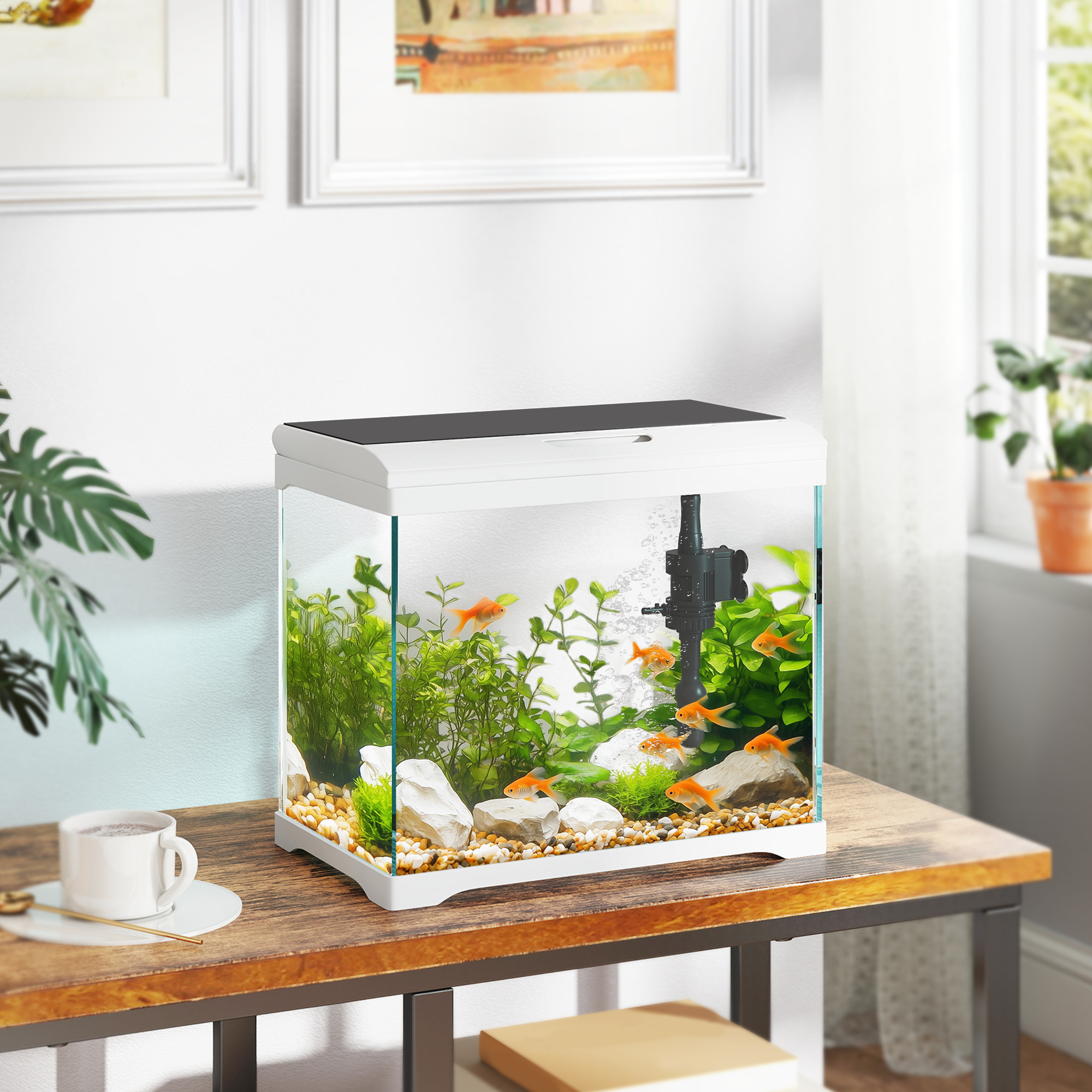 Aquarium, 17 L Tropenfischaquarium, leichte Pflege, klare Sicht, mit LED-Leuchten, 35L x 21B x 31H cm, Weiß+Schwarz