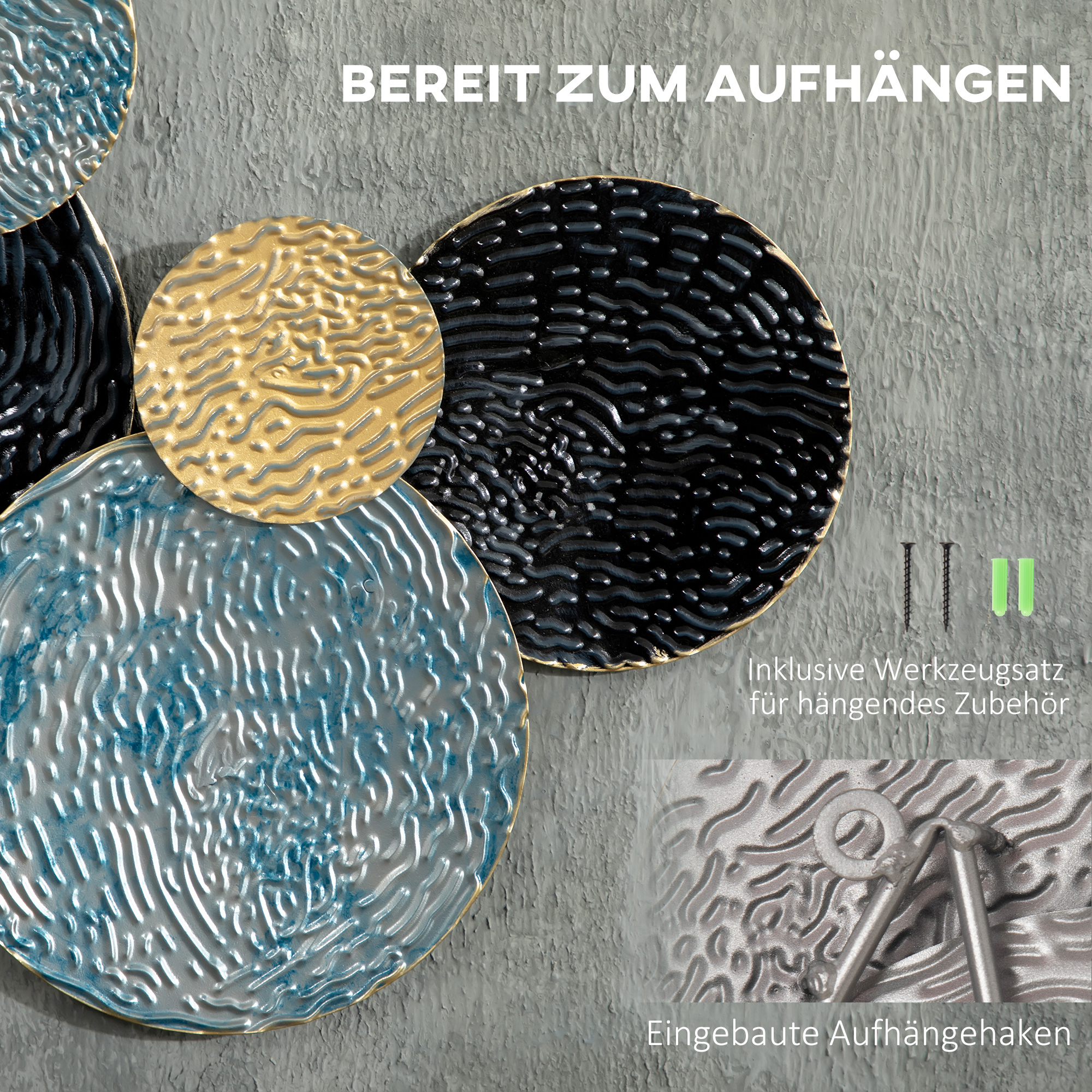 3D-Wanddekoration mit Kreisen 121 cm x 4 cm x 53 cm Metall Blau + Schwarz