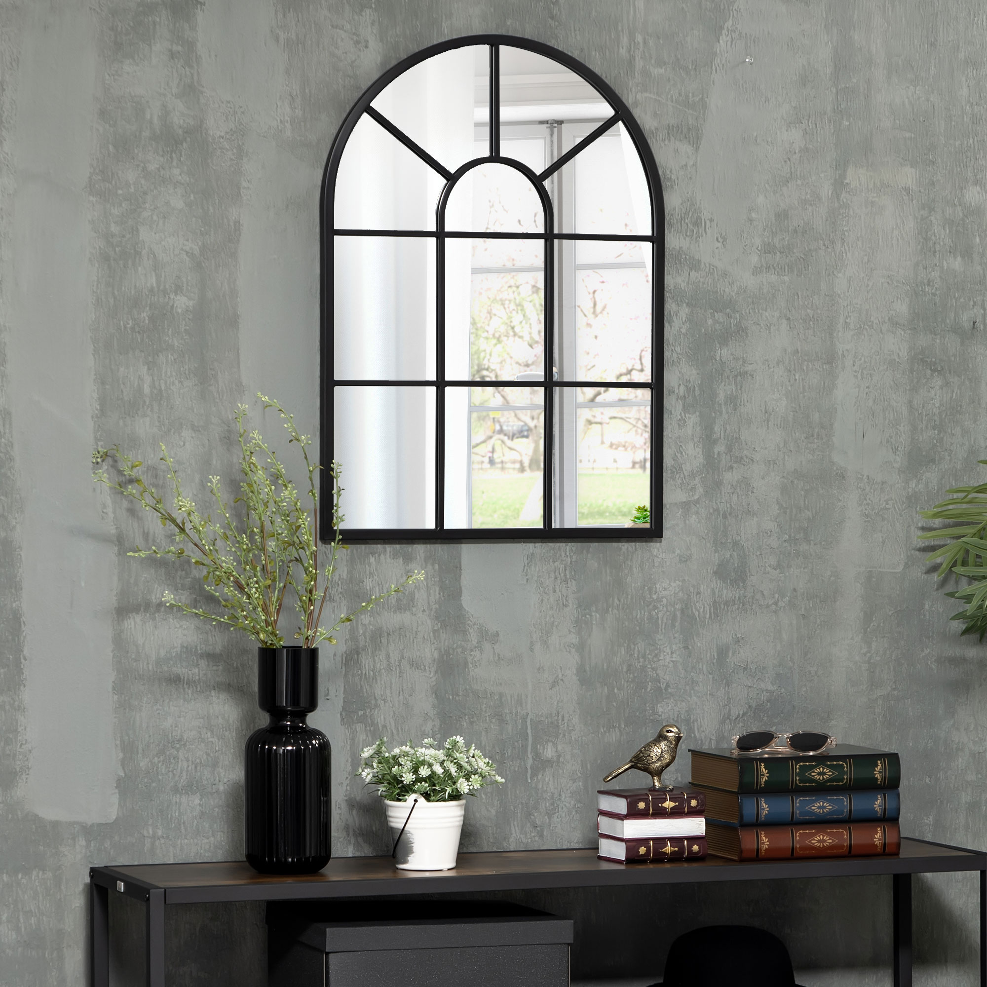 Wandspiegel, Fenster-Design, Flurspiegel, Metallrahmen, 70x50 cm, Schwarz