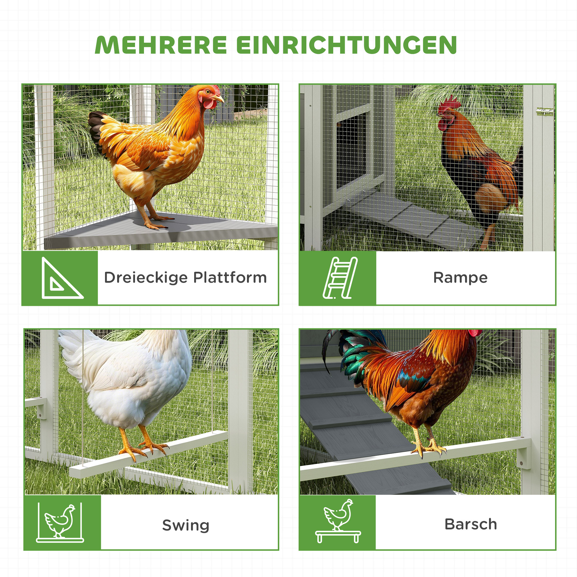 Großer Hühnerstall für 7-10 Hühner, Sitzstangen, Schaukel, Fenster, Nistkästen, Maschendraht, Grau