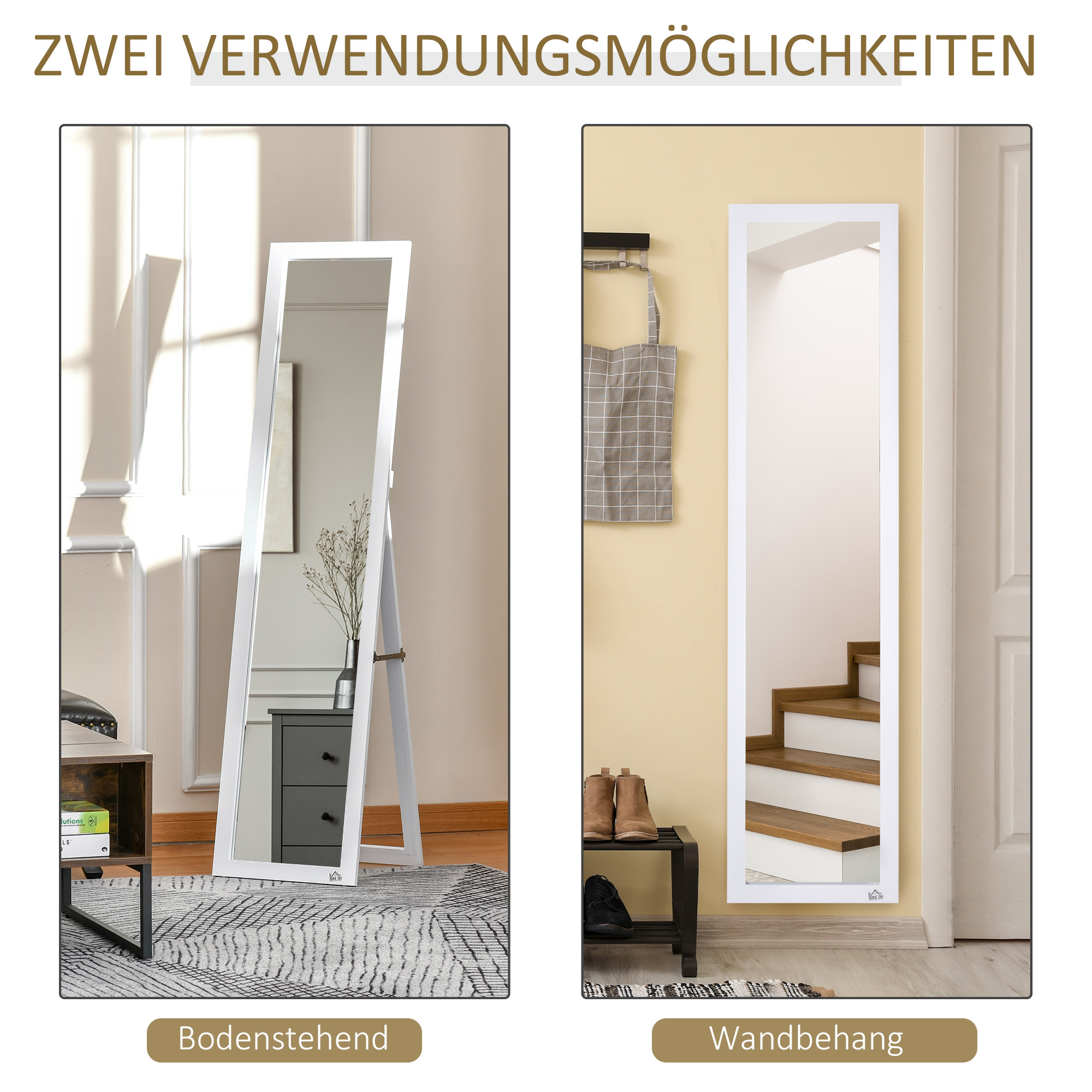Ganzkörperspiegel, freistehend, Wandmontage, MDF-Rahmen, 37 x 37 x 154 cm, Weiß
