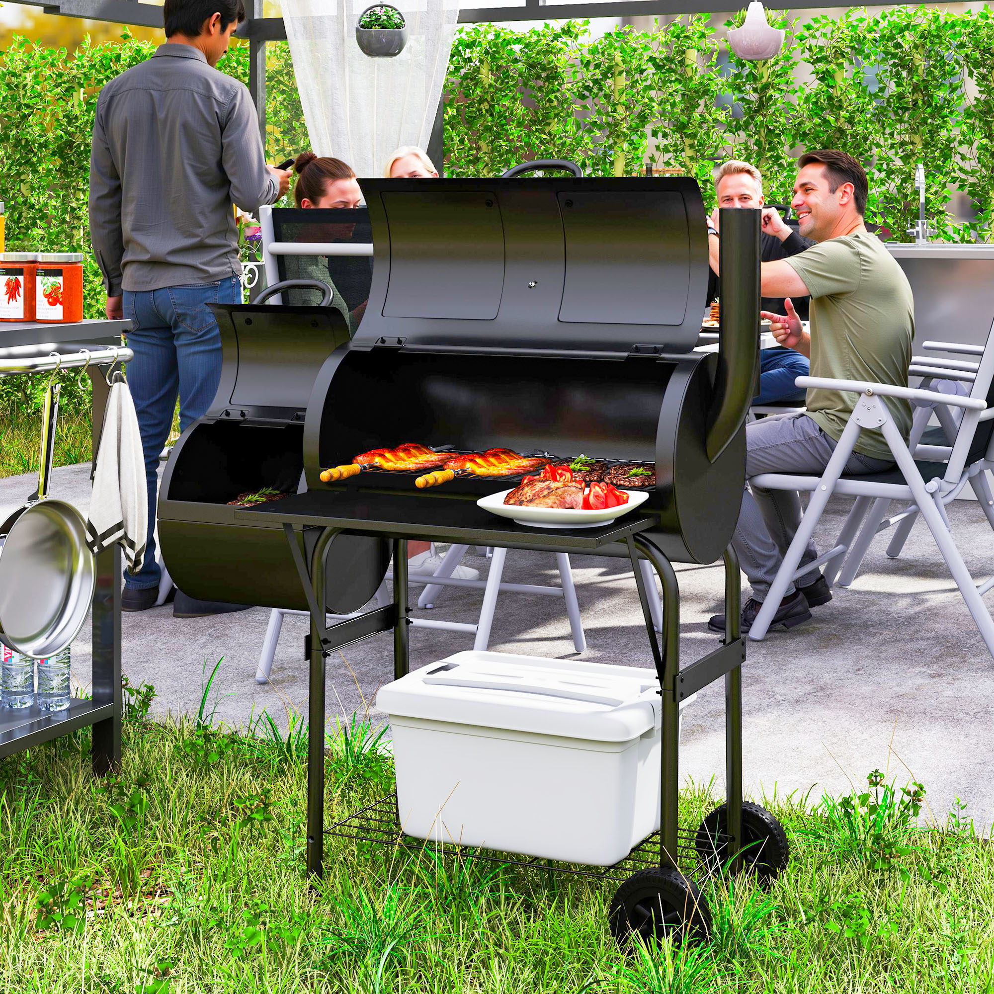 Holzkohlegrill aus Stahl BBQ Smoker mit Deckel Thermometer Räder Luftzufuhr Kohlewanne