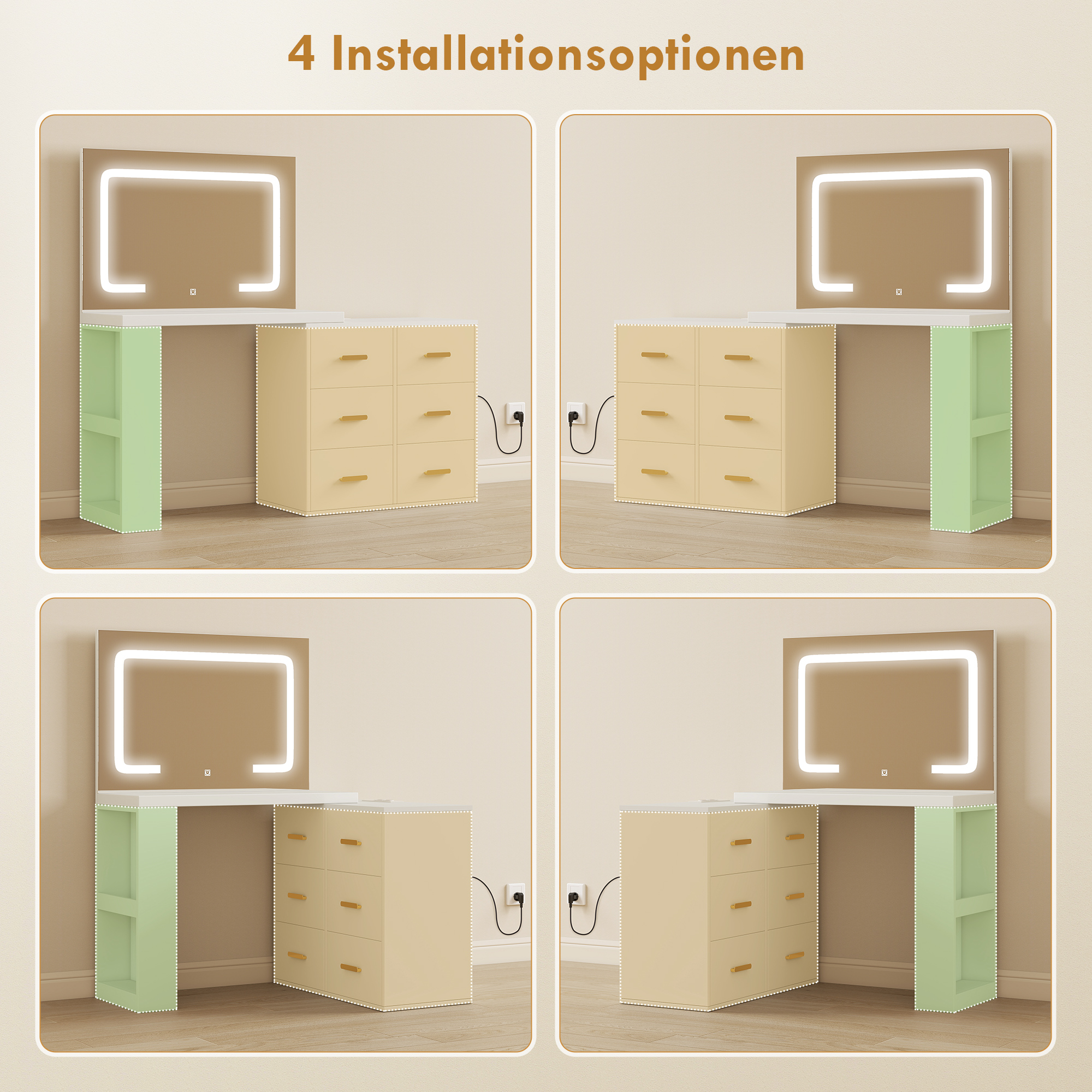 Schminktisch mit verstellbarem LED-Spiegel, Steckdosen, 6 Schubladen, 2 offene Regale, Weiß