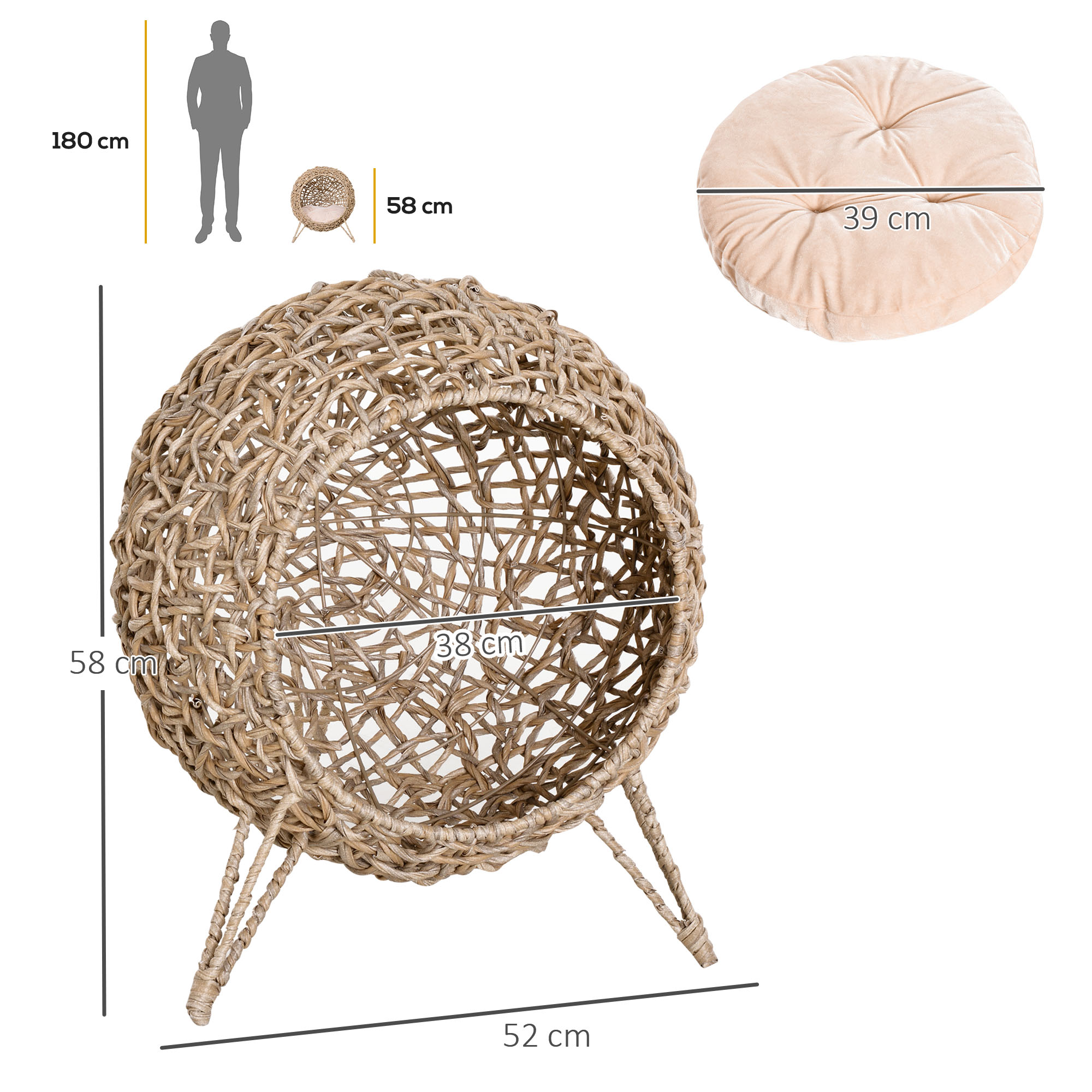 Katzenhaus aus Rattan mit Kissen Katzenschlafplatz Katzenhöhle mit erhöhten Füßen Natur Ø52 x 58 cm