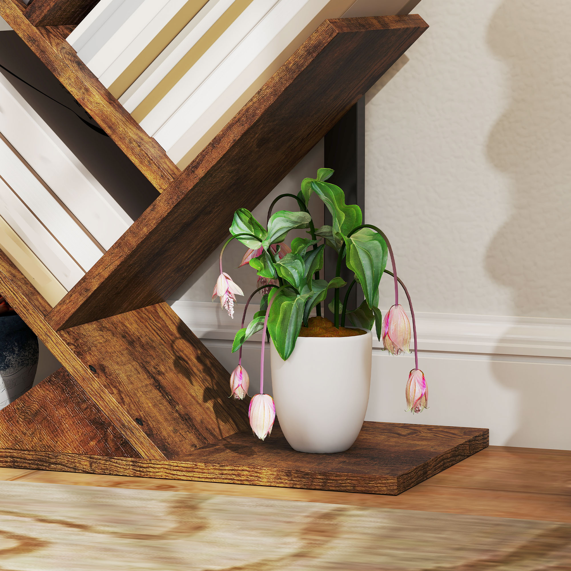 Bücherregal Standregal mit 9 Ebenen Schmal Regal im Baumform für Büro, Rustikal Braun