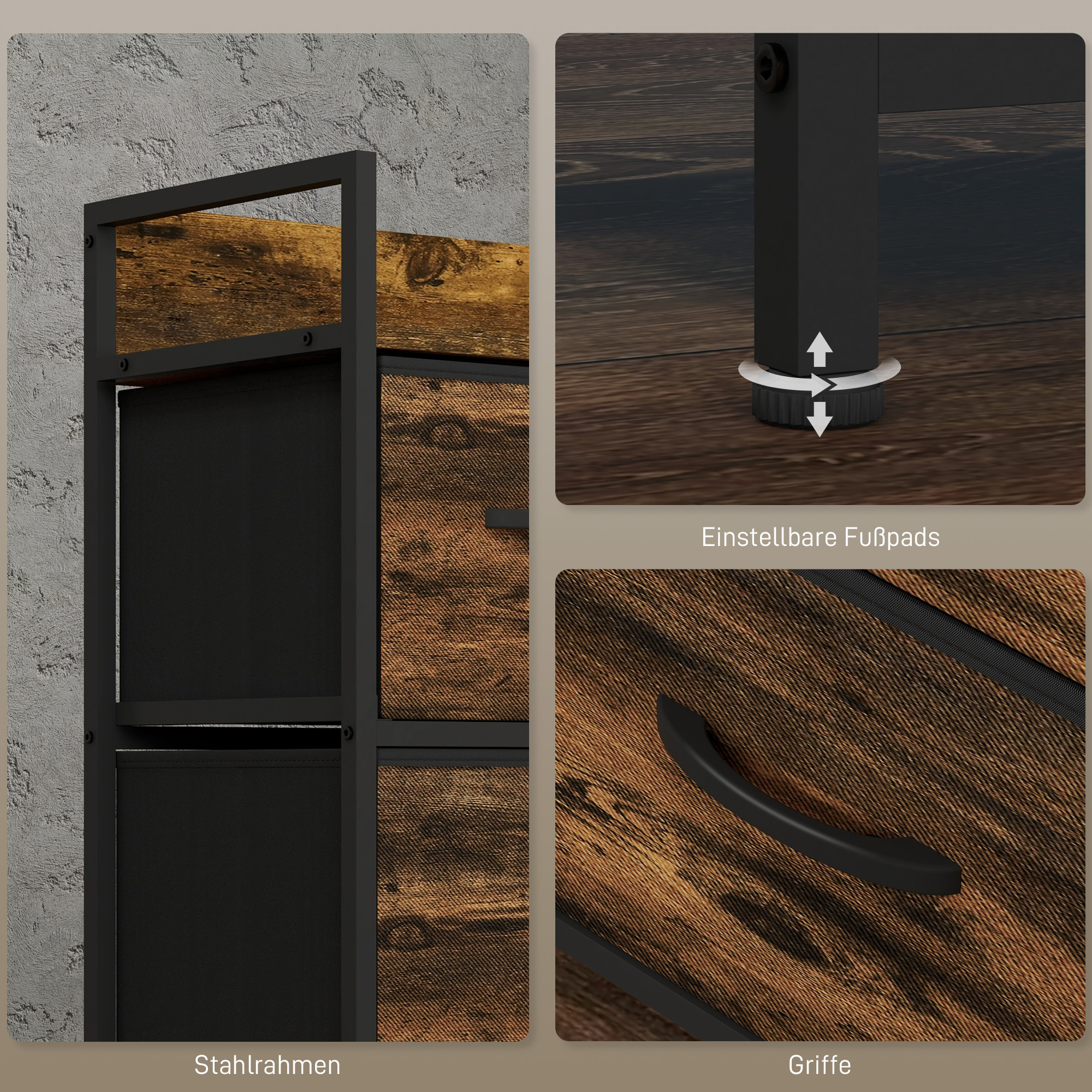 Kommode mit faltbaren Stoffschubladen, Melaminholz, Stahlrahmen, Braun