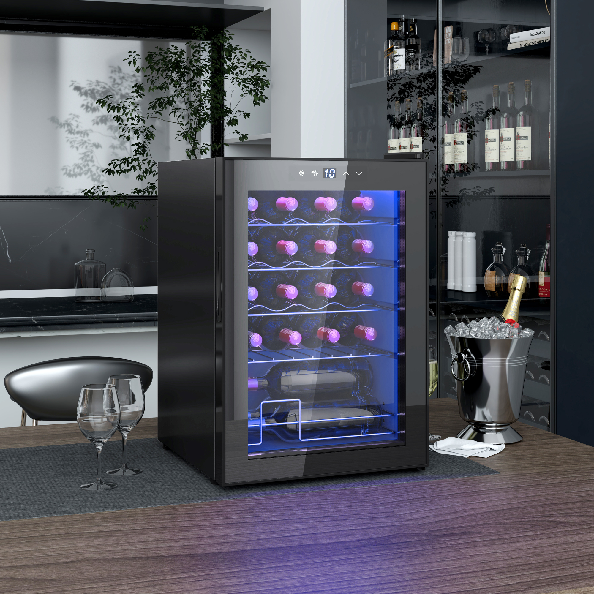 kleiner Weinkühlschrank, Mini-Kühlschrank für 20 Flaschen, 53 Liter Kapazität, mit Glastür, LED-Beleuchtung, Schwarz