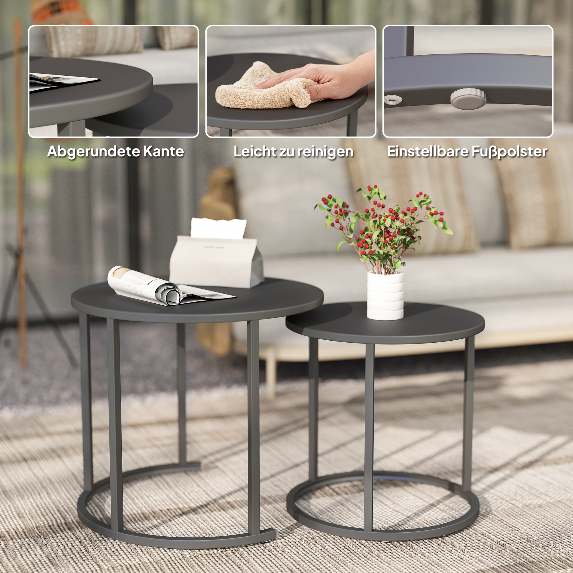 2er Set Beistelltisch Stapelbar Gartentisch Rund wetterfest Balkontisch aus Stahl platzsparend Dunkelgrau