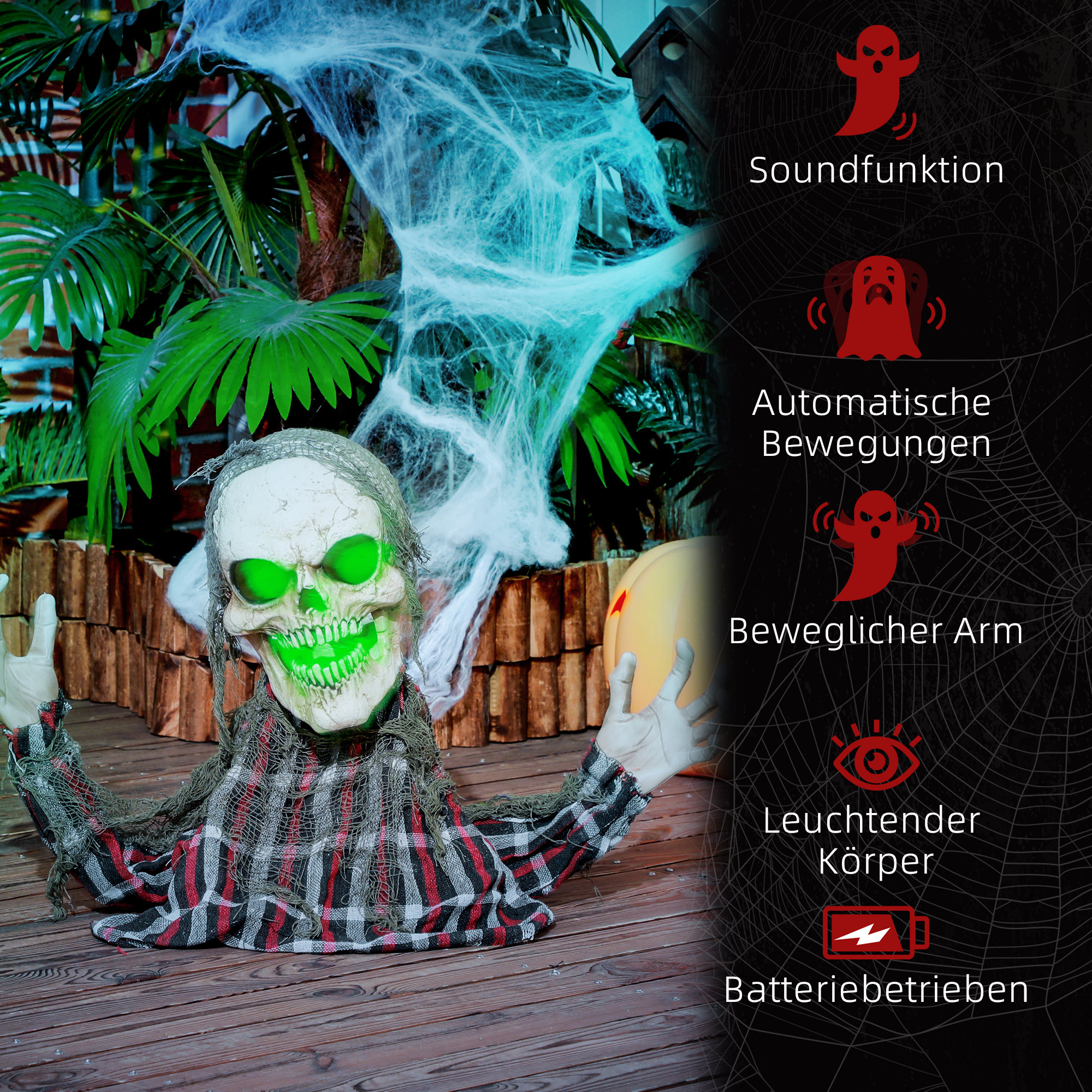 Halloweendekoration Groundbreaker-Skelett, biegsame Arme, leuchtende Augen, unheimliches Heulen