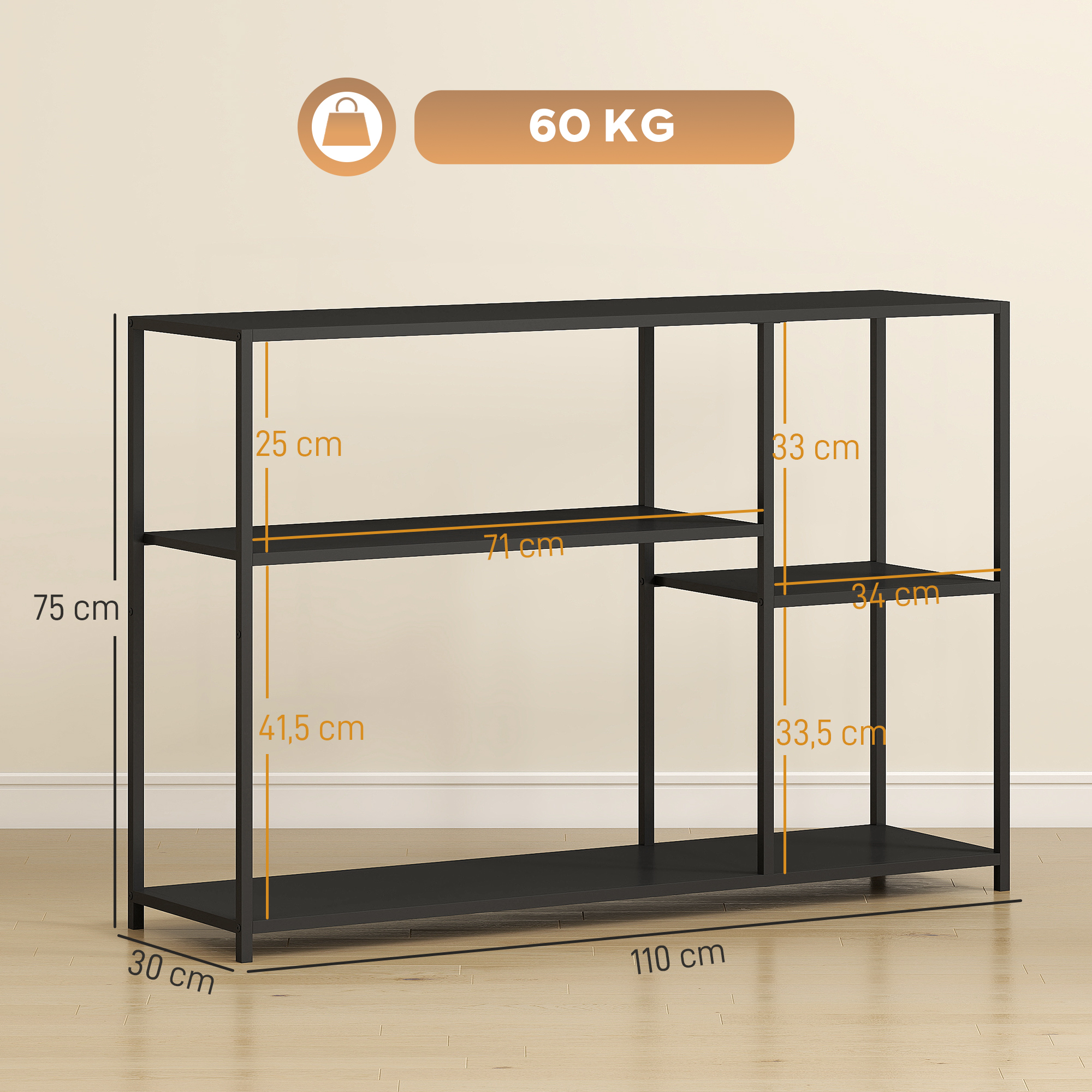 Konsolentisch, 4 Ebenen, Stahlrahmen, für Flur, Wohnzimmer, Schwarz
