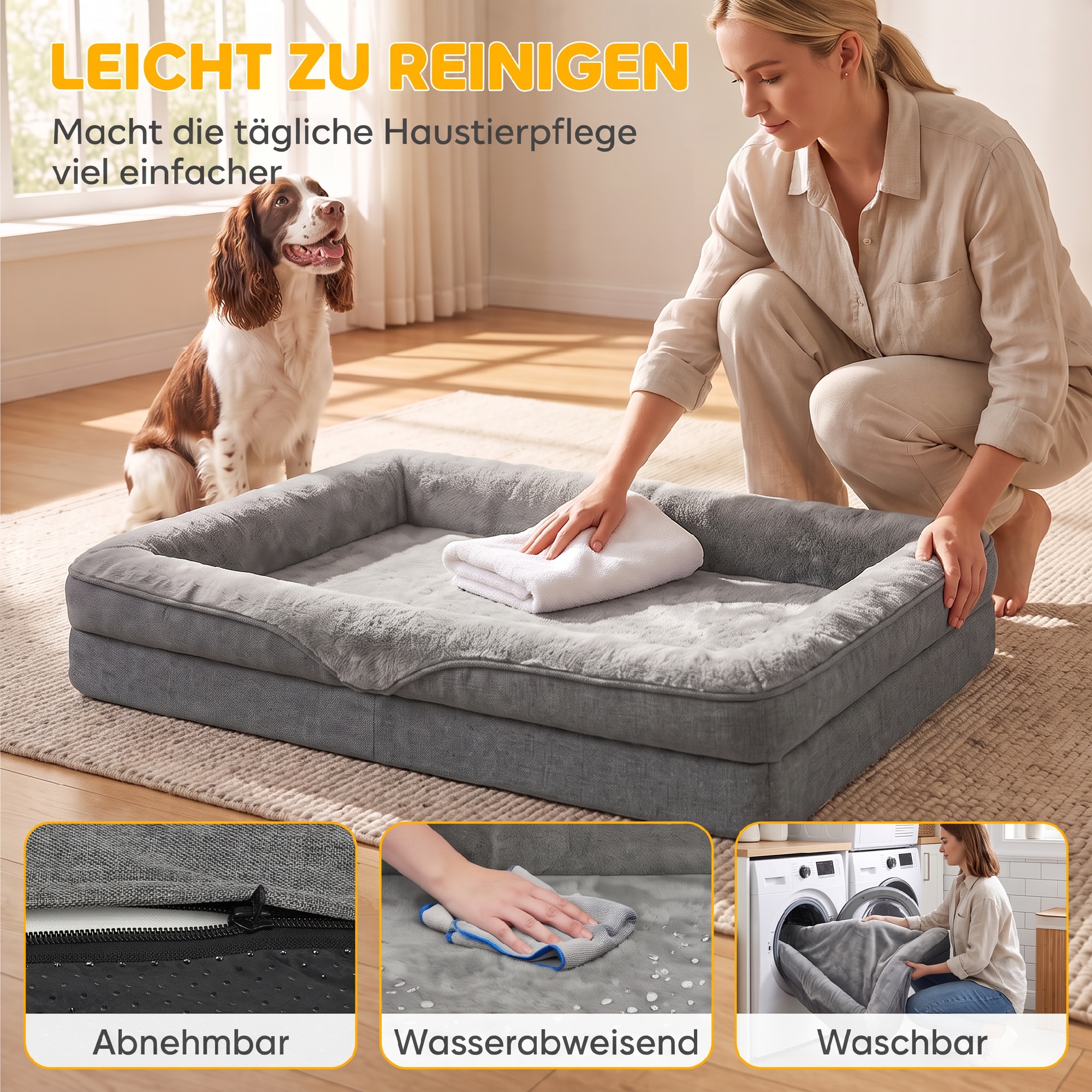 Hundebett mit Erhöhte Ränder rutschfester Unterseite Leinenoptik Waschbar Hundekissen spritzwasserabweisend 91x68x16cm