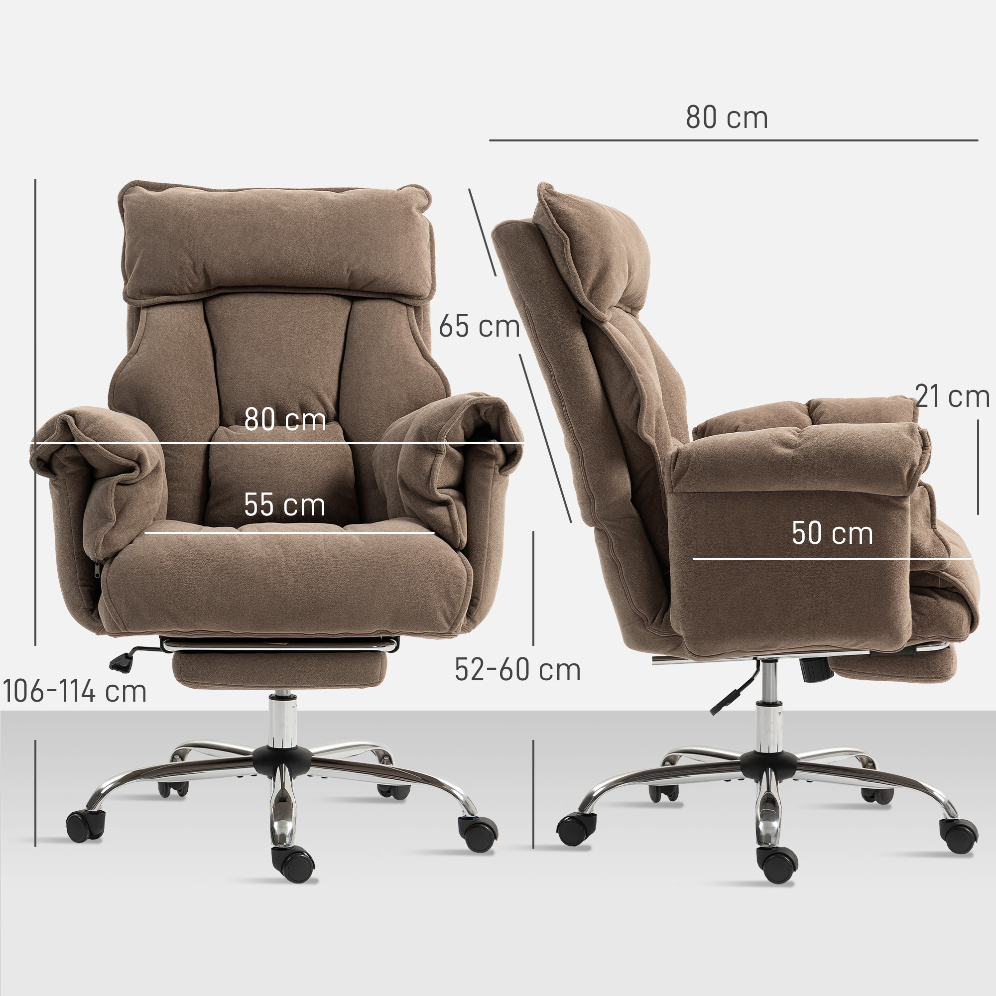 ergonomischer Bürostuhl, neigbare Rückenlehne, Fußstütze, weicher Stoff, Hellbraun