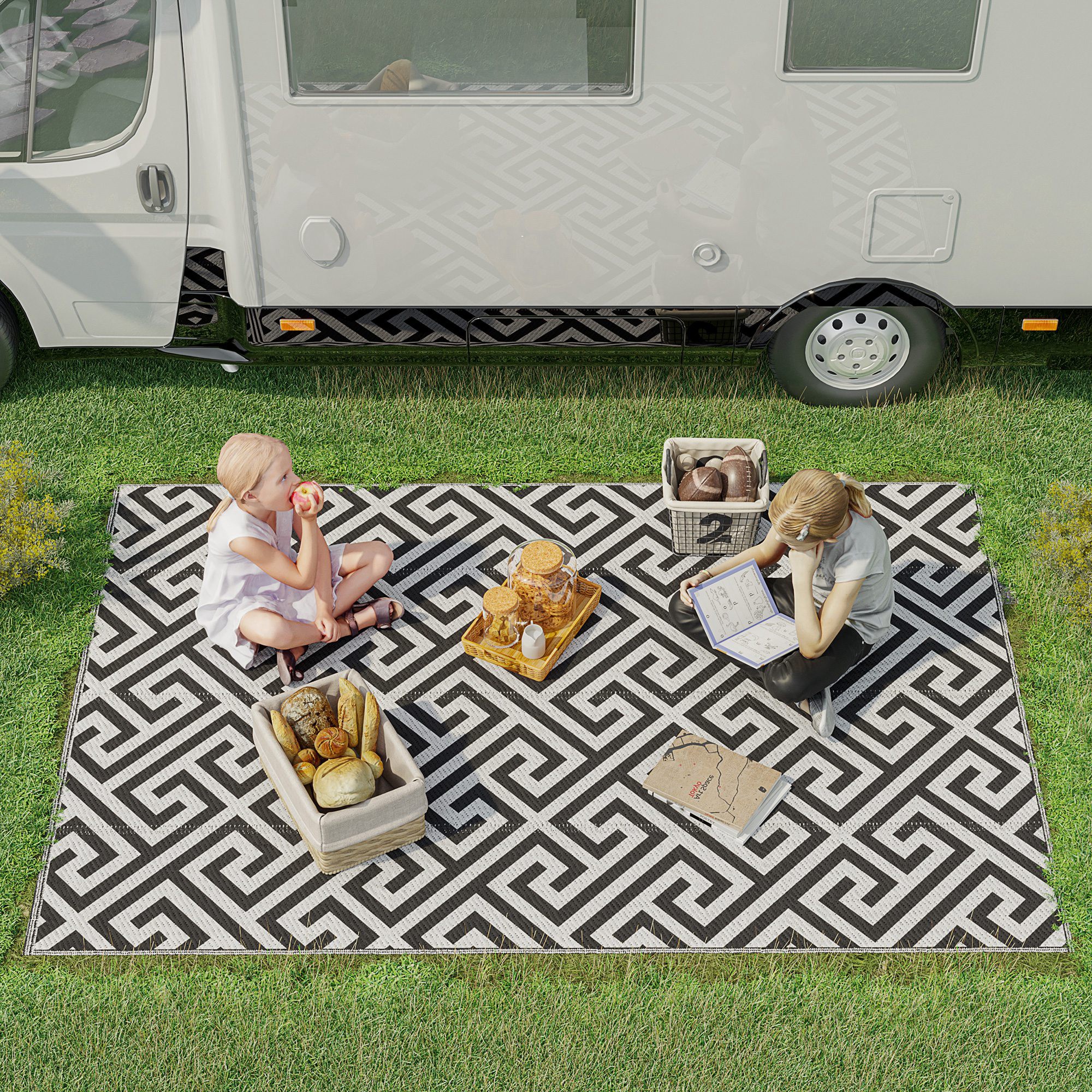 Outdoor-Teppich, beidseitig nutzbar, strapazierfähig, Rand gegen Ausfransen, schwarz+weiß, 152 x 243 cm Outdoor-Teppich, beidseitig nutzbar, strapazierfähig, Rand gegen Ausfransen, schwarz+weiß, 152 x 243 cm