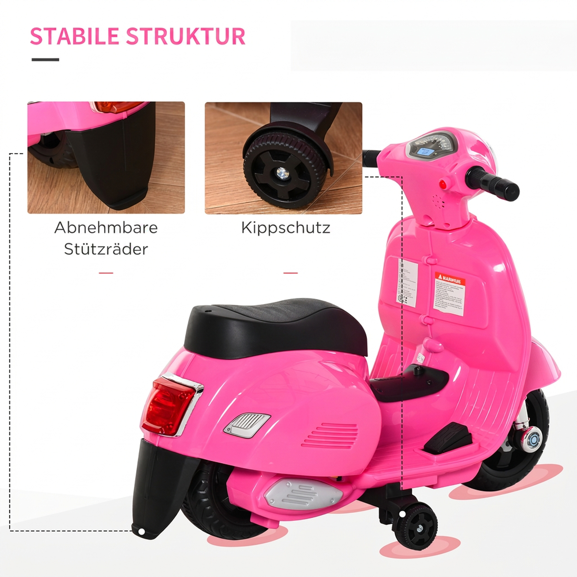 Elektro Motorrad Kinder 6V Elektromotorrad mit Stützrädern, Scheinwerfer, Hupe 3km/h für 1,5-3 Jahren, Rosa