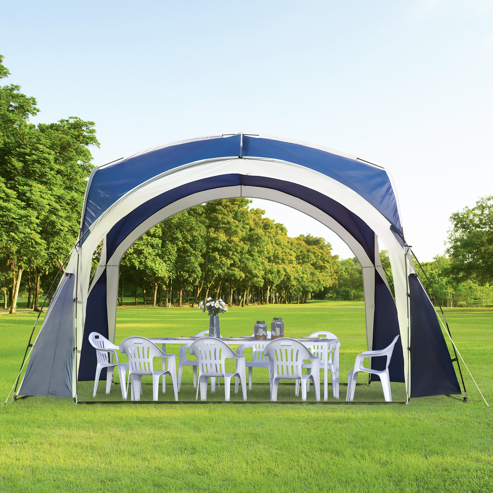 Kuppelzelt für 6-8 Personen, Pavillon, Schutz vor Sonne und Nieselregen, 3,5 x 3,5 x 2,22 m, Blau