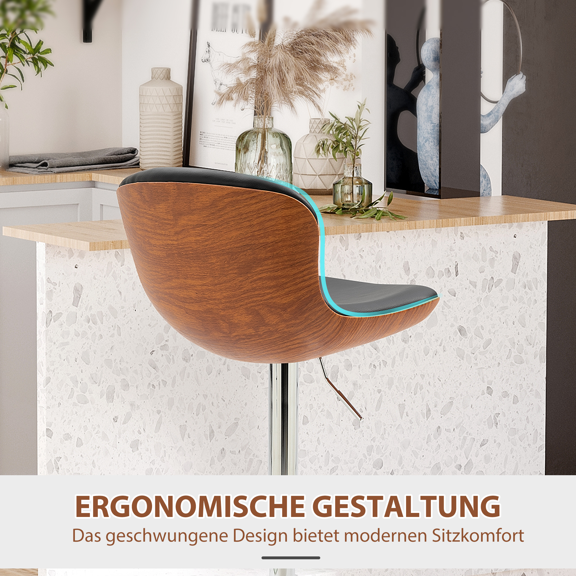 2er-Set Barhocker mit Fußstütze, Barstuhl mit Rückenlehne, Bistrohocker, Esszimmerstuhl höhenverstellbar drehbar, Kunstleder, Schwarz, 46 x 53,5 x 85-106 cm