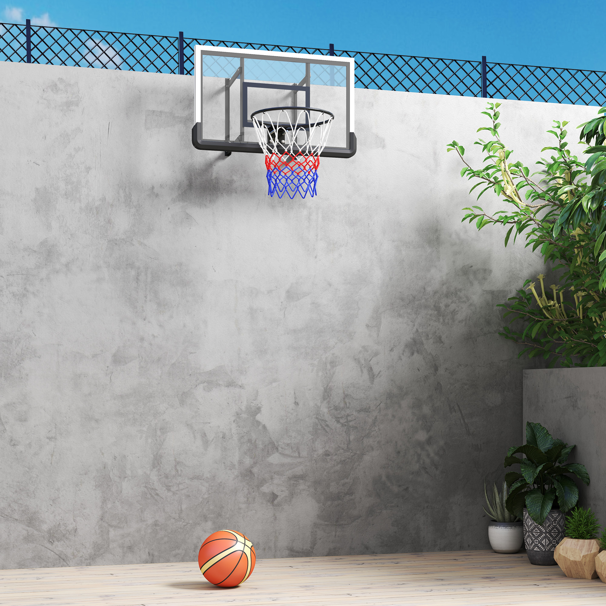 Basketballkorb für Wandmontage, gefederter Korb, bruchsichere Rückwand, Schwarz