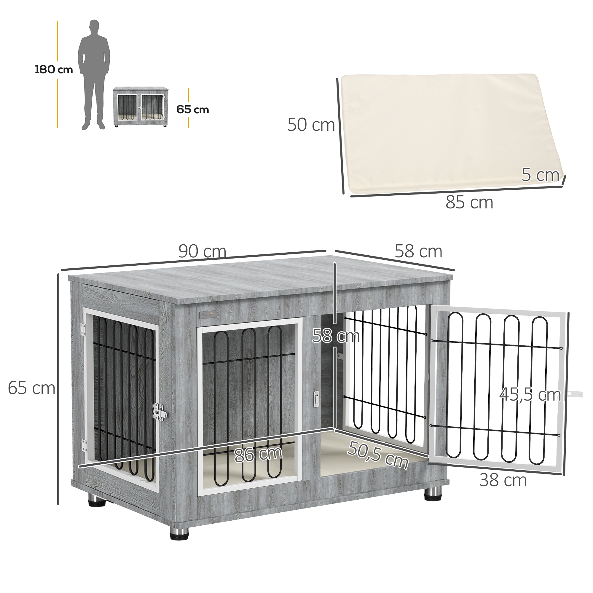 Hundekäfig Hundebox waschbares Polster, 2 Verriegelungen, 90 cm x 58 cm x 65 cm, Grau