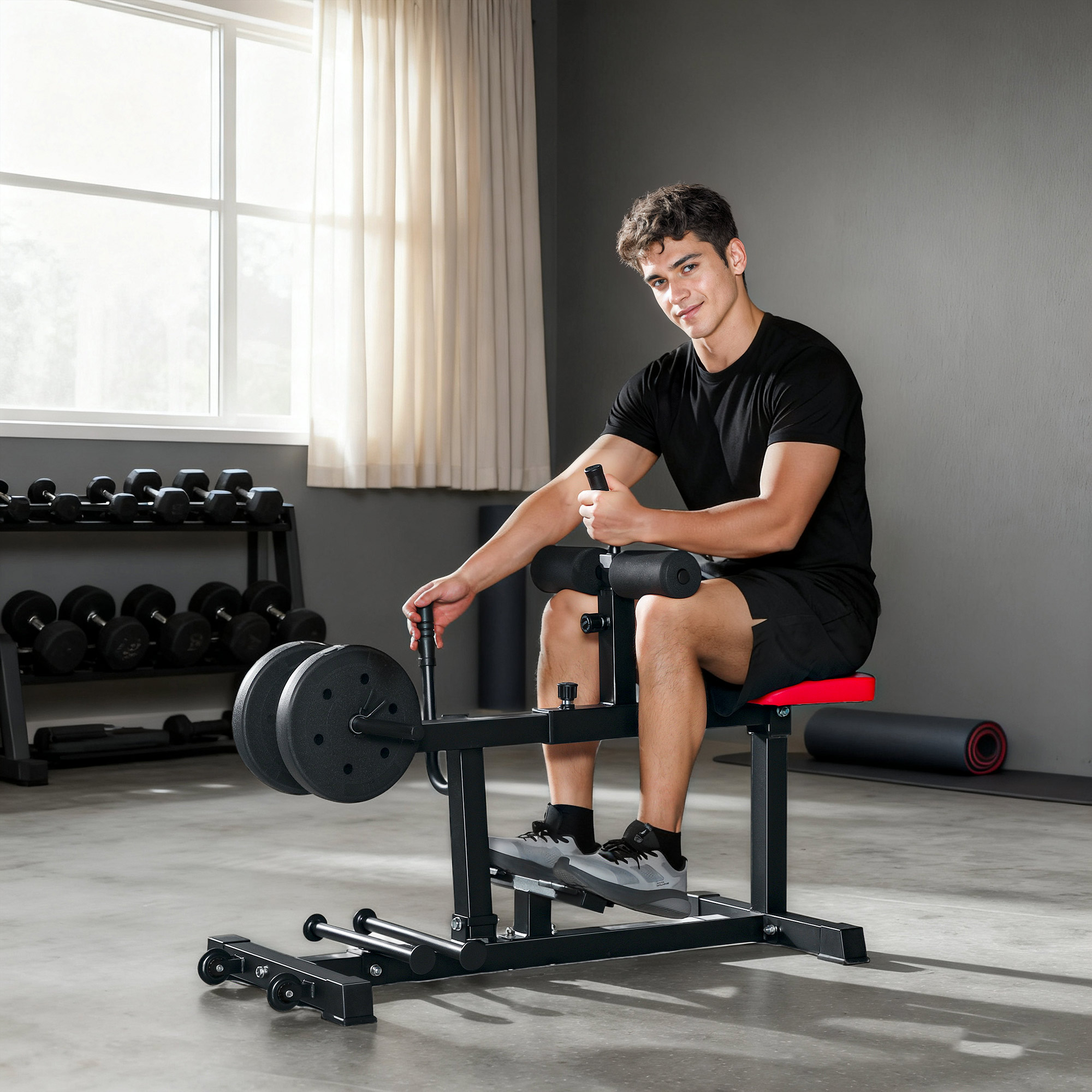 Beintrainings-Bank, Wadenhebemaschine, mit Rädern, Sportequipment für Fitness-Übungen zuhause, Stahl, Schwarz