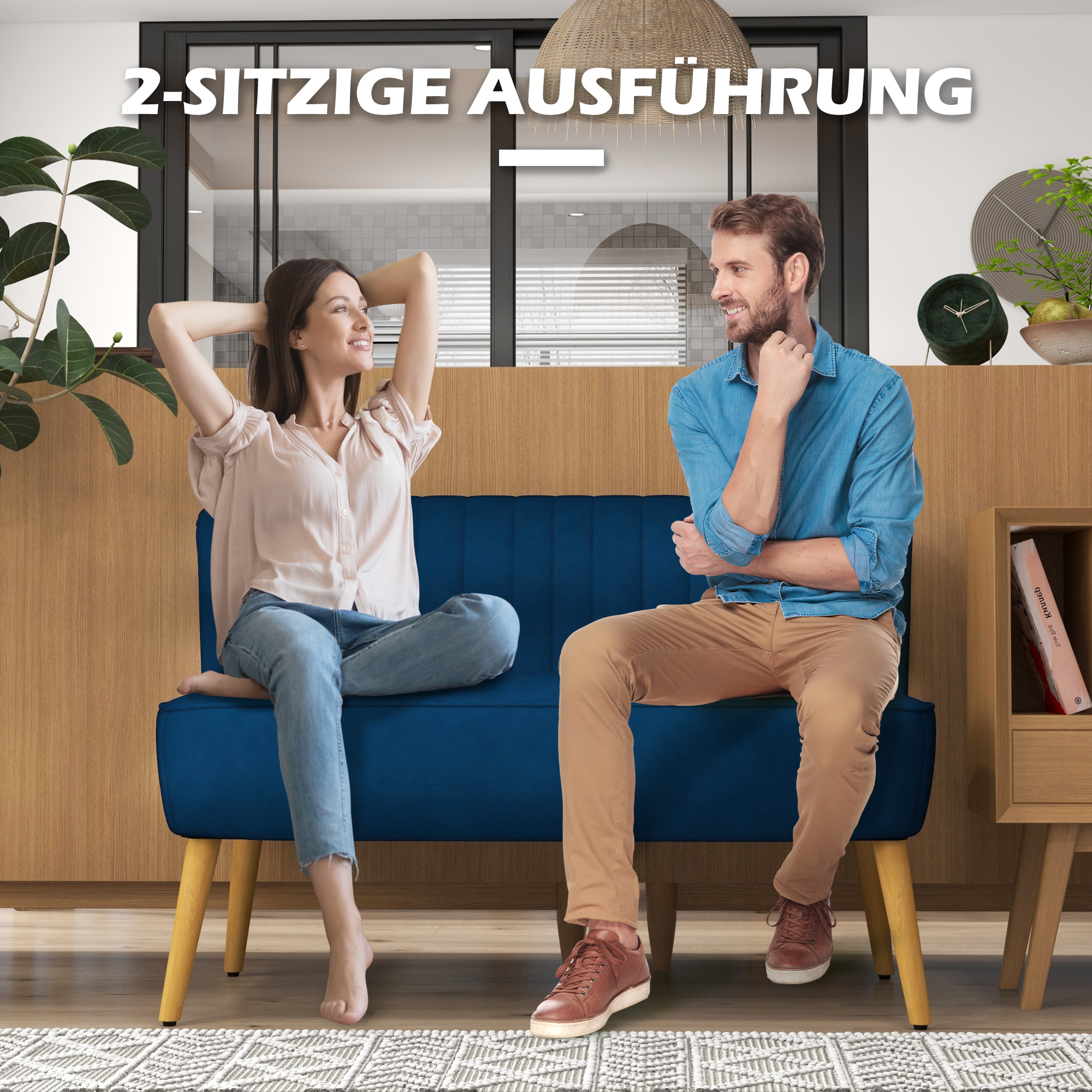 Sofa Retrodesign 2-Sitzer-Sofa, Holzbeine, 117 cm x 56,5 cm x 77 cm, Blau