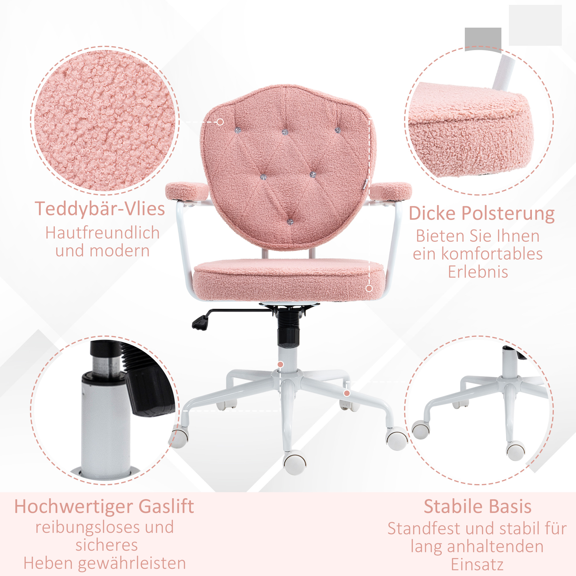 Bürostuhl mit geknöpftem, weichem Bezug, höhenverstellbar, Rosa