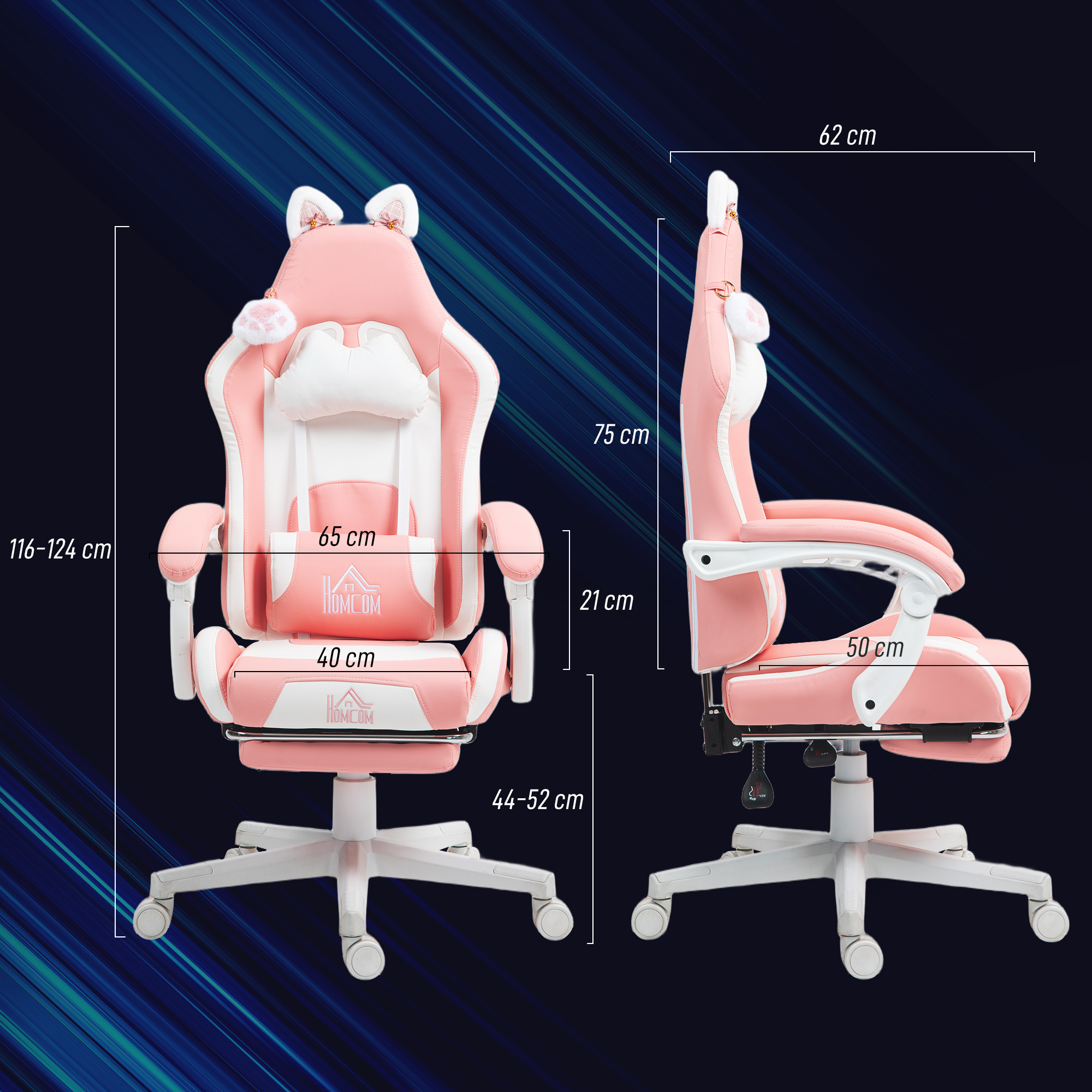 Gaming-Sessel mit Katzenohren, neigbare Lehne, ausziehbare Fußstütze, bis 120 kg, Rosa/Weiß