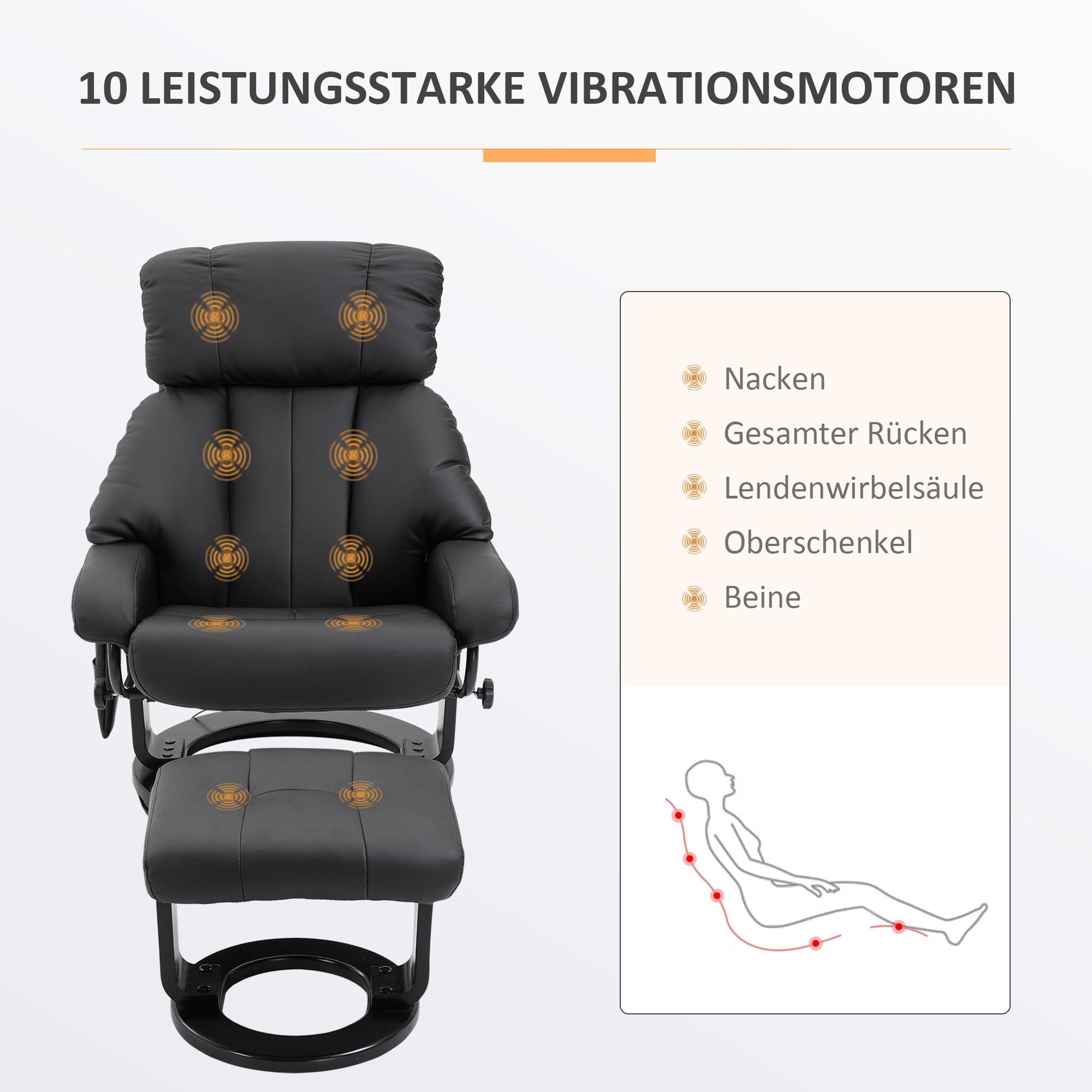 Relaxsessel mit Fußhocker, Massagesessel mit Liegefunktion, elektrischer Liegesessel mit Fernbedienung, Fernsehsessel mit Seitentasche, Kunstleder, schwarz