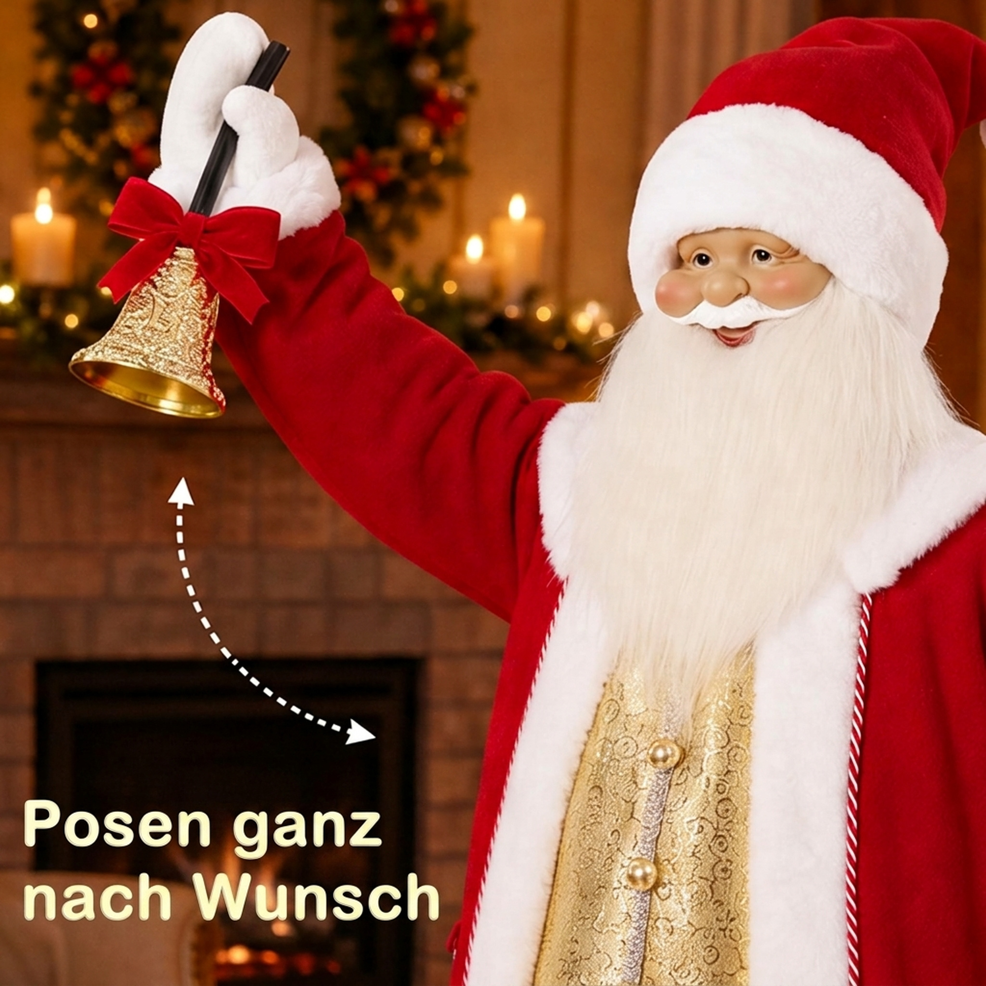 Singender Weihnachtsmann, 150 cm, stehende animierte Weihnachtsfigur mit Glocke und Kranz, per Sound/Berührung aktiviert