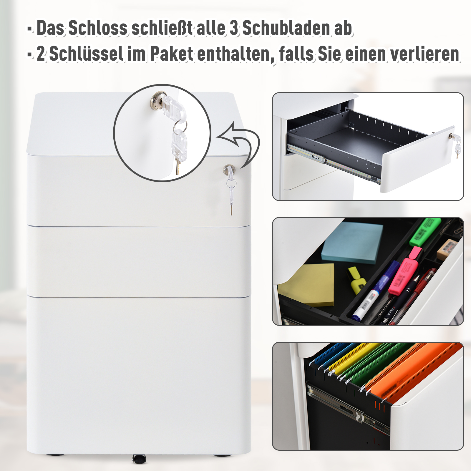 Rollcontainer, mobiler Aktenschrank mit 3 Schubladen, abschließbarer Büroschrank mit Hängeregistratur, Aufbewahrung, Stahl, 39 x 48 x 59 cm Weiß
