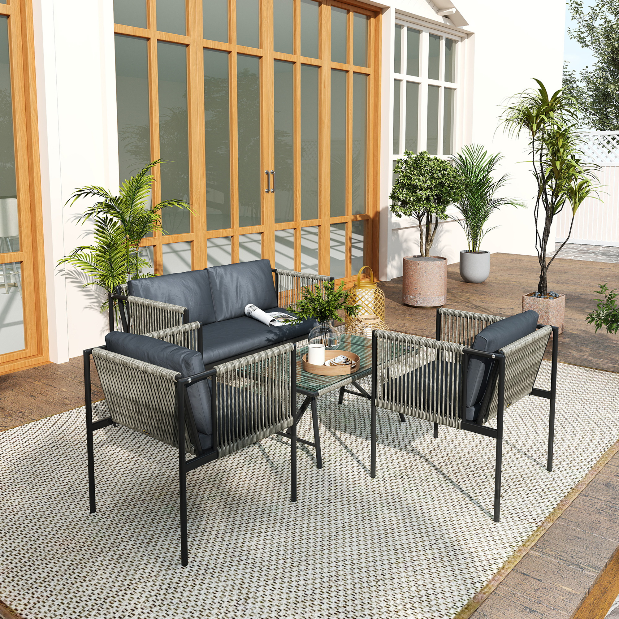 4-teiliges Gartenmöbel-Set, 1 Sofa, 2 Sessel, 1 Tisch mit Glasplatte, Kissen, Stahlrahmen, Kunststoff-Rattan, Grau