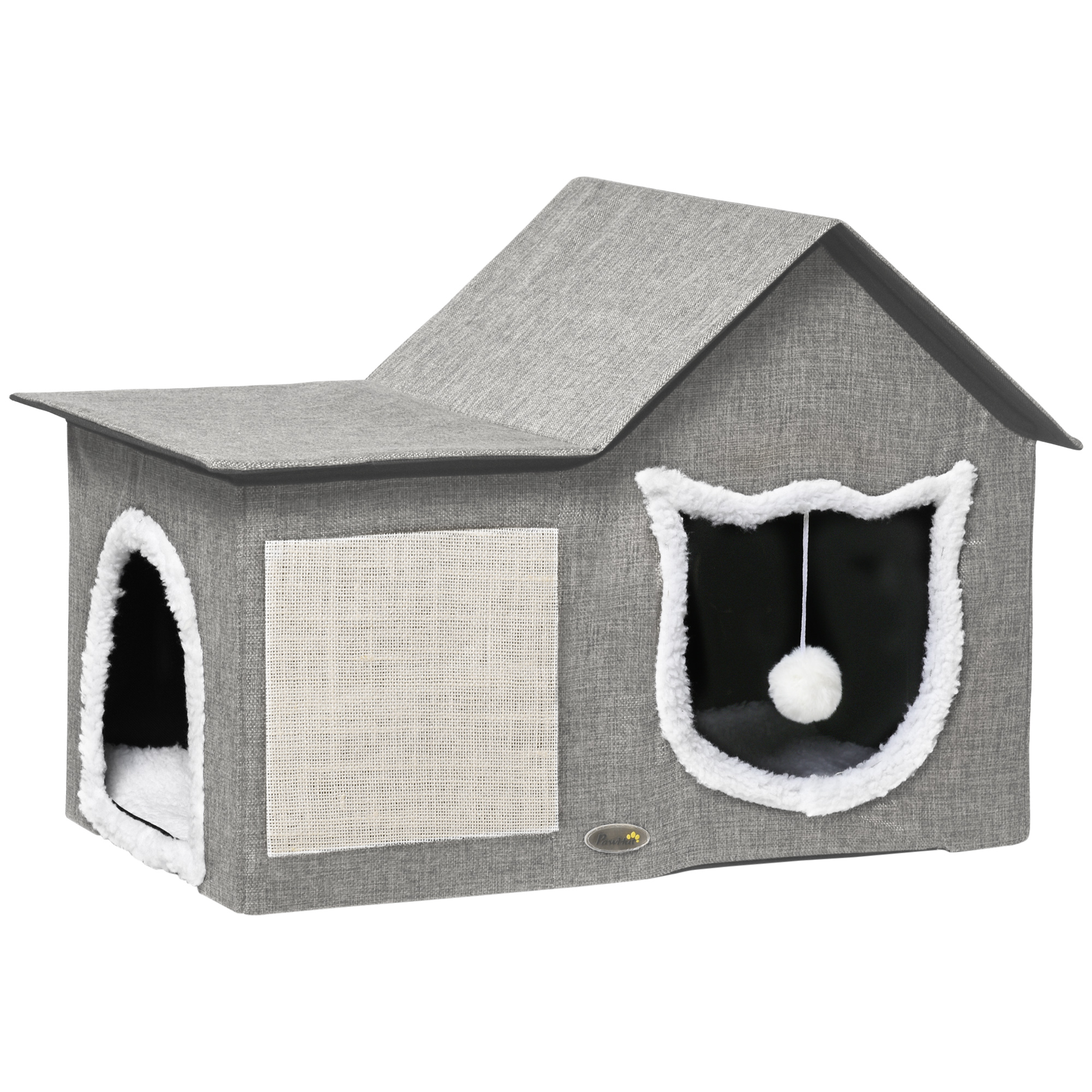 Katzenhaus mit Kratzfläche, inkl, Spielball, Katzenhöhle, 65 cm  x 41 cm x 45,5H cm, Braun + Weiß + Beige