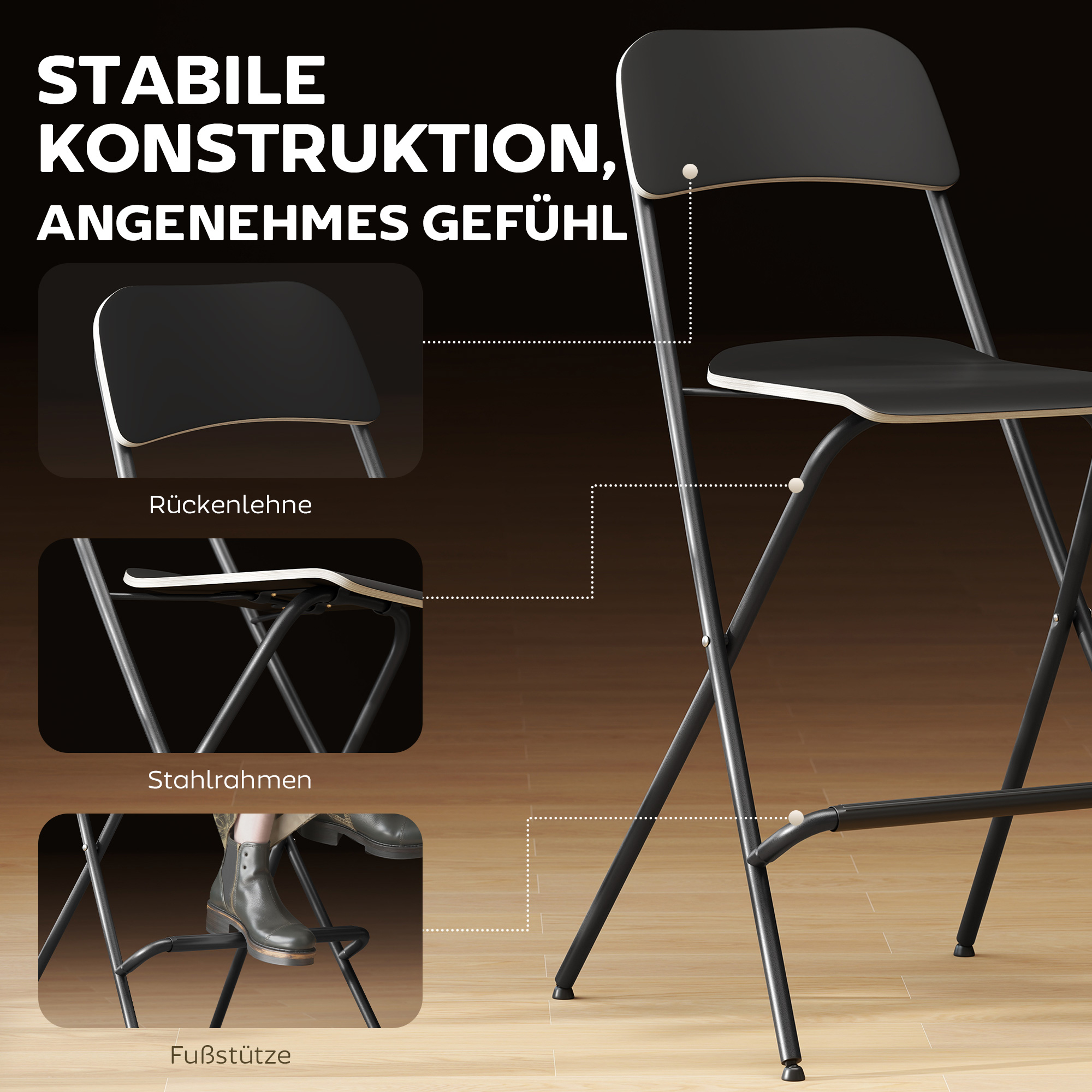 2er-Set Barhocker, klappbare Barstühle mit Stahlrahmen, für Küche, Esszimmer, Schwarz