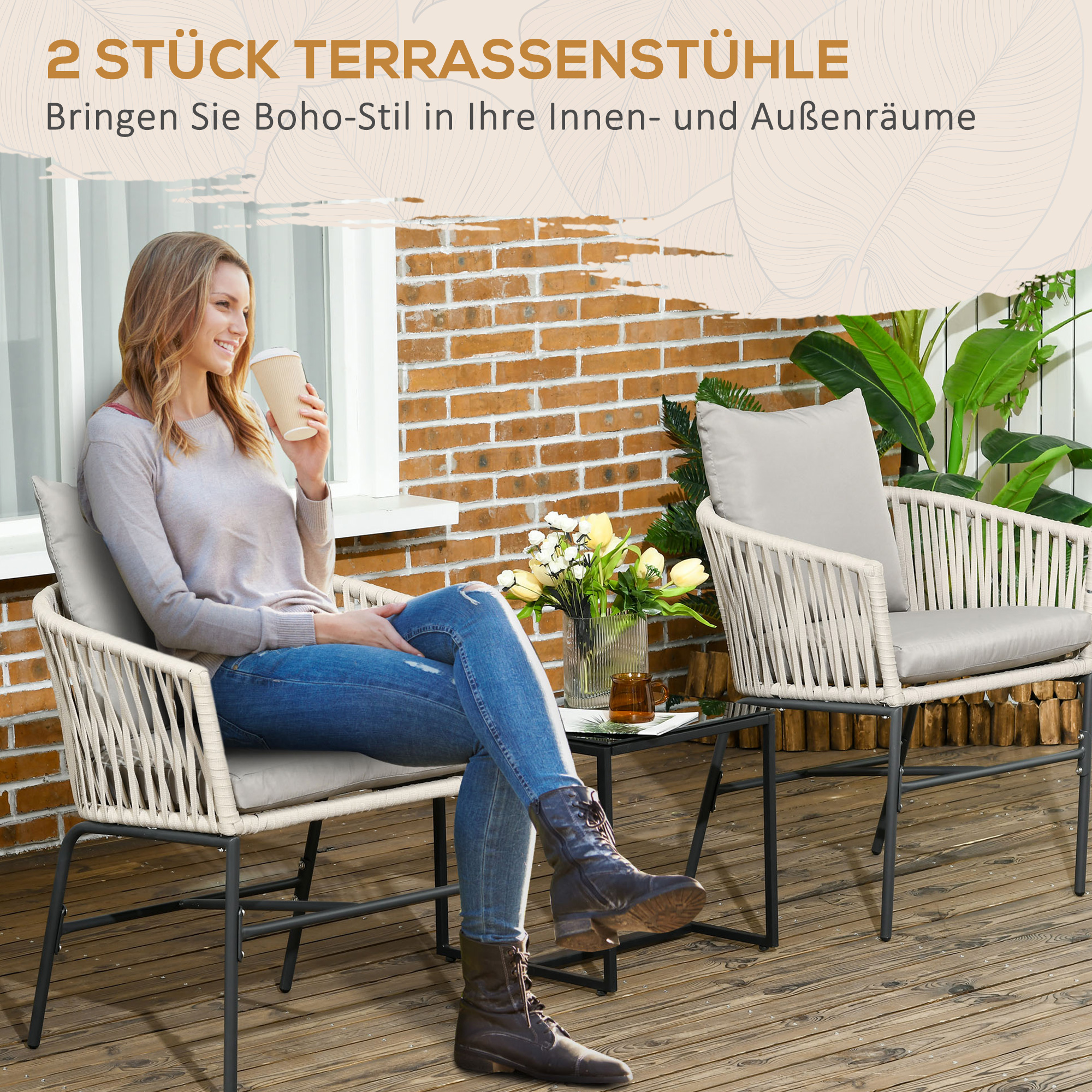 Terrassenstuhl 2er-Set, Boho-Stil, bequeme Sitzschale, Sitzauflagen, waschbarer Bezug, Metallrahmen, Beige