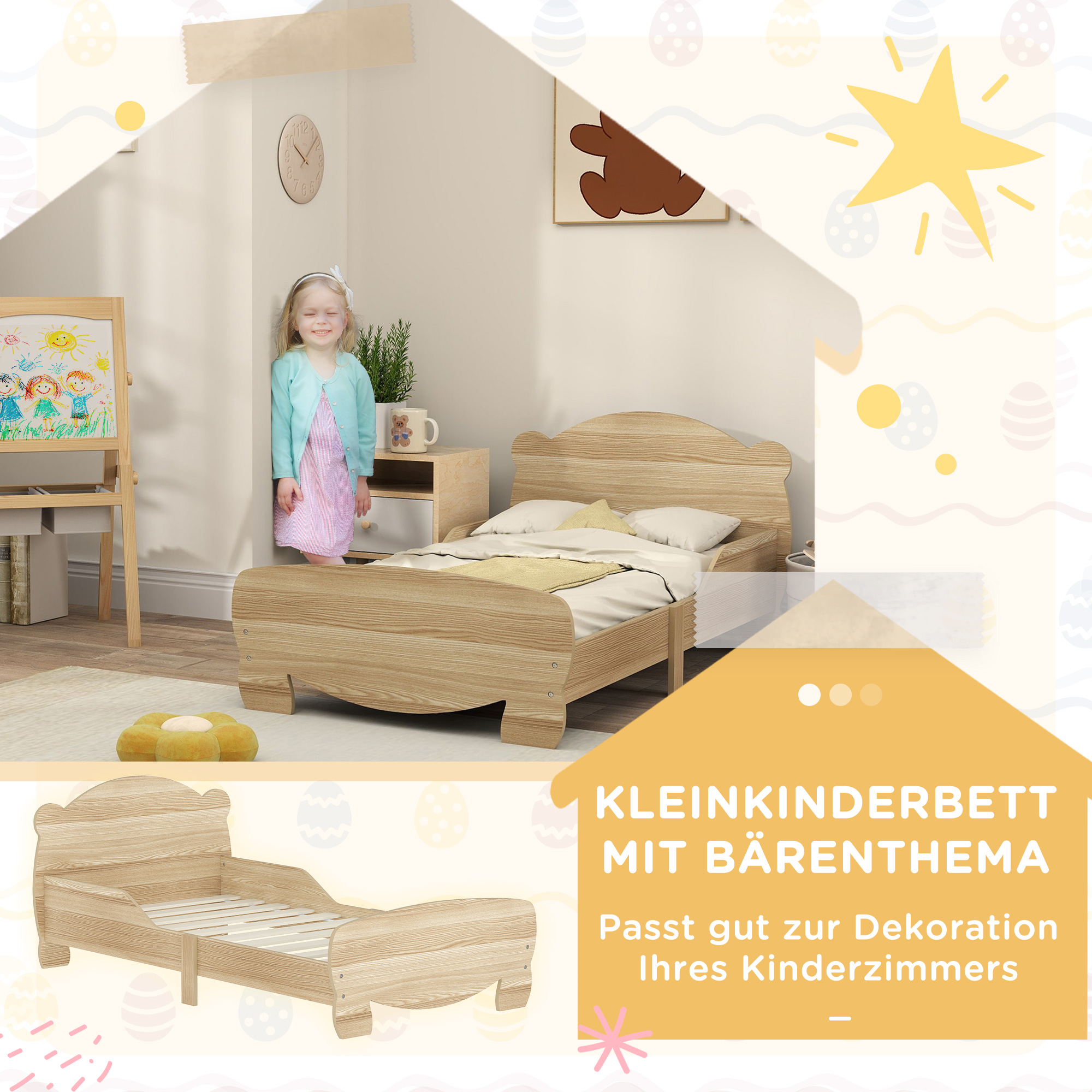 Kinderbett Jugendbett Hausbett mit Bären-Design Spielbett für 3-6Jahre Kinder 143,5 x 80 x 55 cm Naturholz