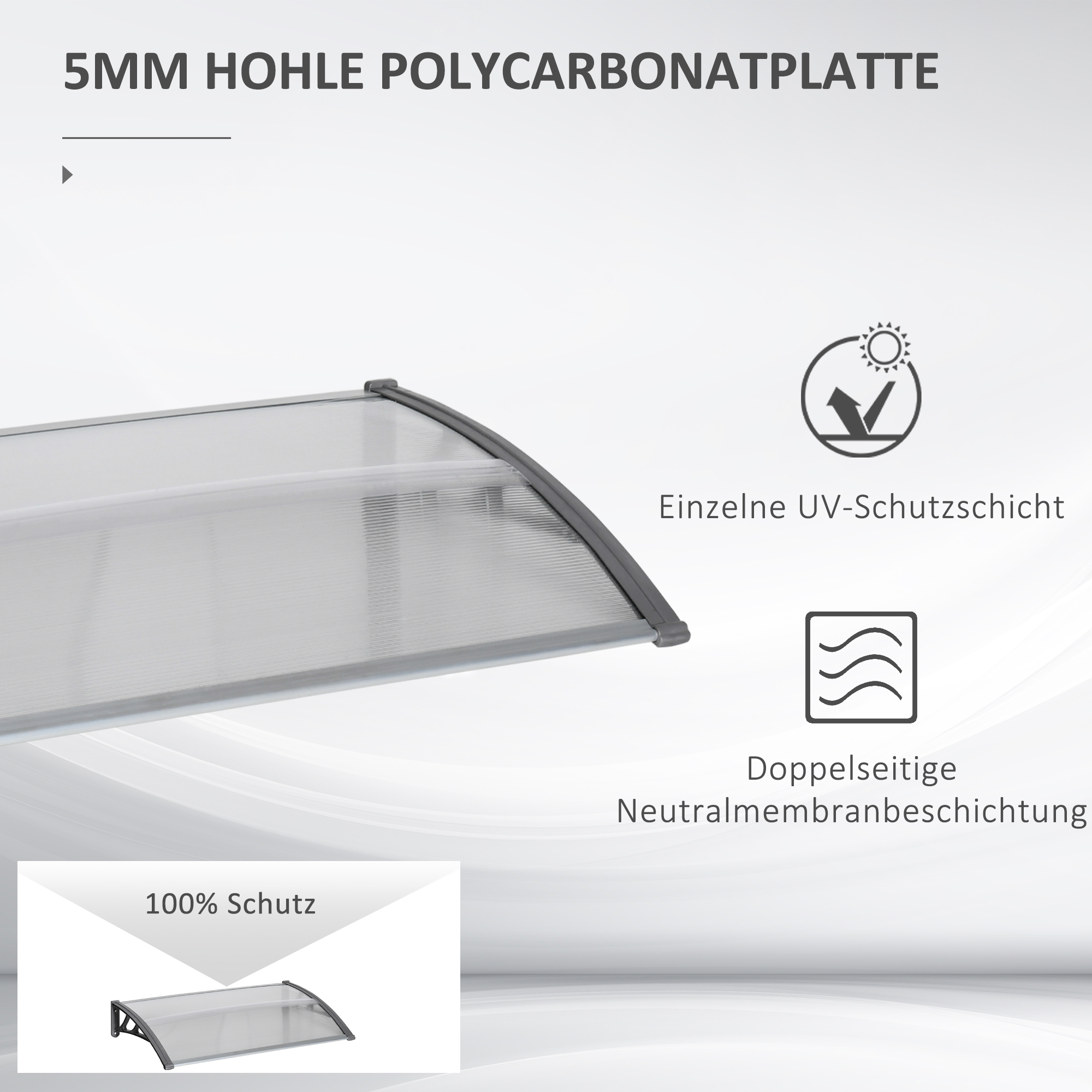 Türüberdachung, Schutz vor Regen, Wind und Hagel, Polycarbonat, Aluminium, 110 x 60 x 18 cm, Grau