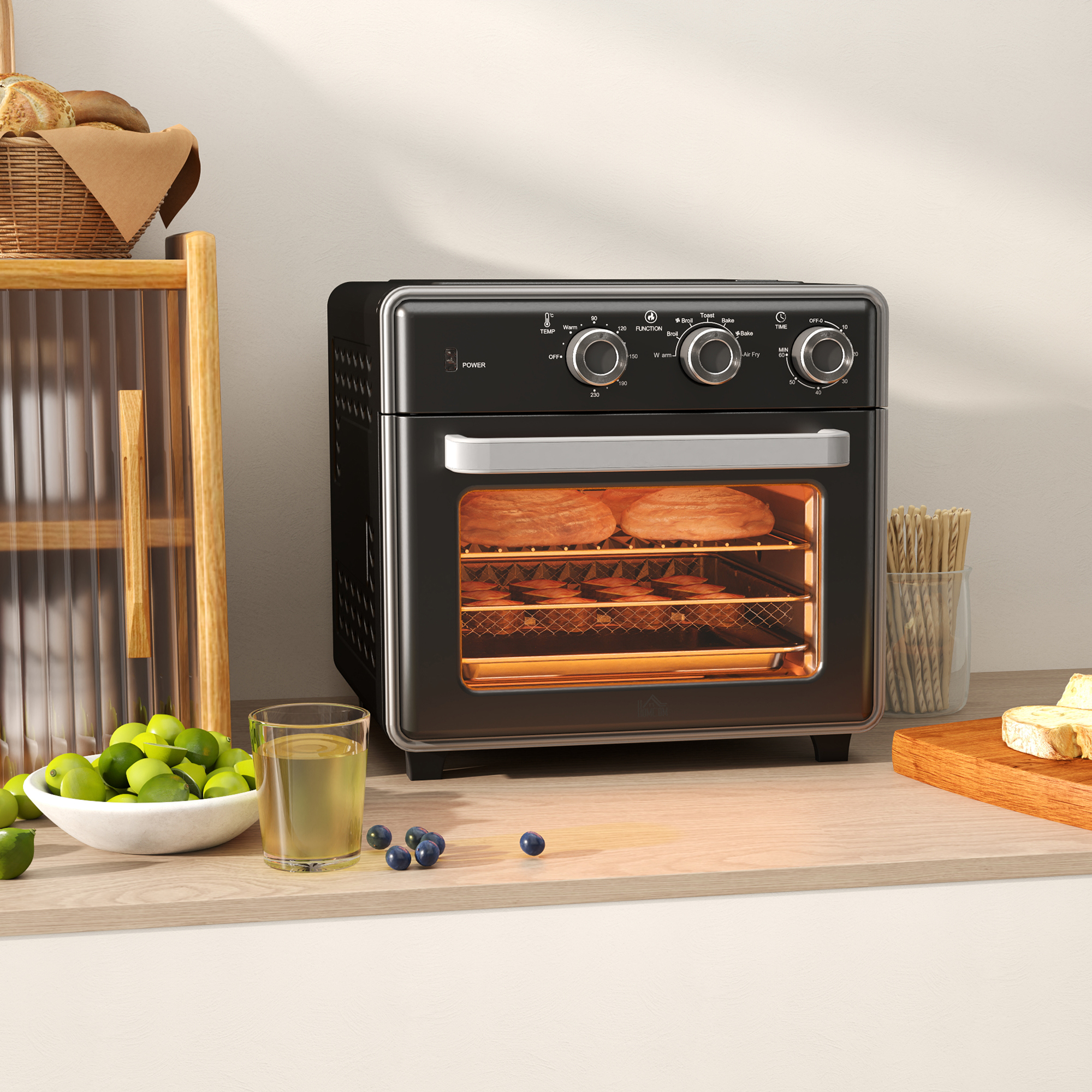 Minibackofen, 20L, 5 Funktionen, 360° Heißluft, Grillrost, Krümelblech, Schwarz