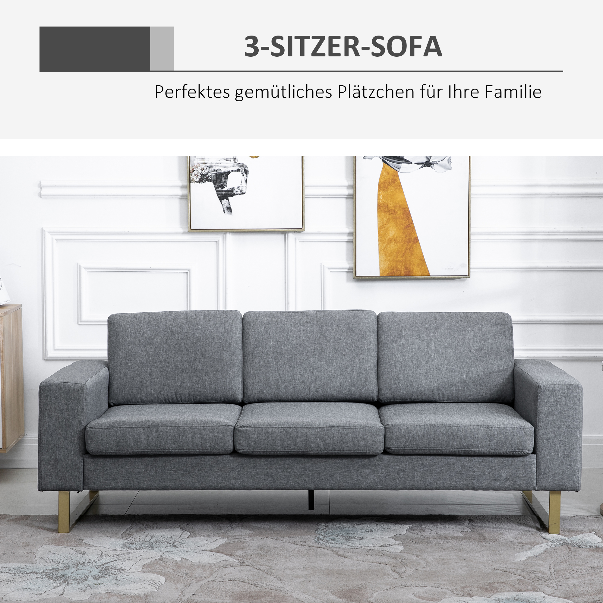 3 Sitzer Sofa Dreisitzer Stoffsofa mit Kissen Armlehne Leinenoptik für Schlafzimmer 200 x 82 x 78 cm Dunkelgrau